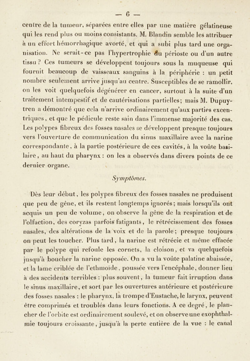 centre de la tumeur, séparées entre elles par une matière gélatineuse qui les rend plus ou moins consistants. M. Blandin semble les attribuer à un effort hémorrhagique avorté, et qui a subi plus tard une orga- nisation. Ne serait-ce pas l’hypertrophie du périoste ou d’un autre tissu ? Ces tumeurs se développent toujours sous la muqueuse qui fournit beaucoup de vaisseaux sanguins à la périphérie : un petit nombre seulement arrive jusqu’au centre. Susceptibles de se ramollir, on les voit quelquefois dégénérer en cancer, surtout à la suite d’un traitement intempestif et de cautérisations partielles; mais M. Dupuy- tren a démontré que cela n’arrive ordinairement qu’aux parties excen- triques, et que le pédicule reste sain dans l’immense majorité des cas. Les polypes fibreux des fosses nasales se développent presque toujours vers l’ouverture de communication du sinus maxillaire avec la narine correspondante, à la partie postérieure de ces cavités, à la voûte basi- laire , au haut du pharynx : on les a observés dans divers points de ce dernier organe. Symptômes. Dès leur début, les polypes fibreux des fosses nasales ne produisent * que peu de gêne, et ils restent longtemps ignorés; mais lorsqu’ils ont acquis un peu de volume, on observe la gène de la respiration et de l’olfaction, des coryzas parfois fatigants, le rétrécissement des fosses nasales, des altérations de la voix et de la parole; presque toujours on peut les toucher. Plus tard, la narine est rétrécie et même effacée par le polype qui refoule les cornets, la cloison, et va quelquefois jusqu’à boucher* la narine opposée. On a vu la voûte palatine abaissée, et la lame criblée de l’ethmoïde, poussée vers l’encéphale, donner lieu à des accidents terribles : plus souvent, la tumeur fait irruption dans le sinus maxillaire, et sort par les ouvertures antérieure et postérieure des fosses nasales : le pharynx, la trompe d’Eustache, le larynx, peuvent être comprimés et troublés dans leurs fonctions. A ce degré, le plan- cher de l’orbite est ordinairement soulevé, et on observe une exophthal- mie toujours croissante, jusqu’à la perte entière de la vue : le canal