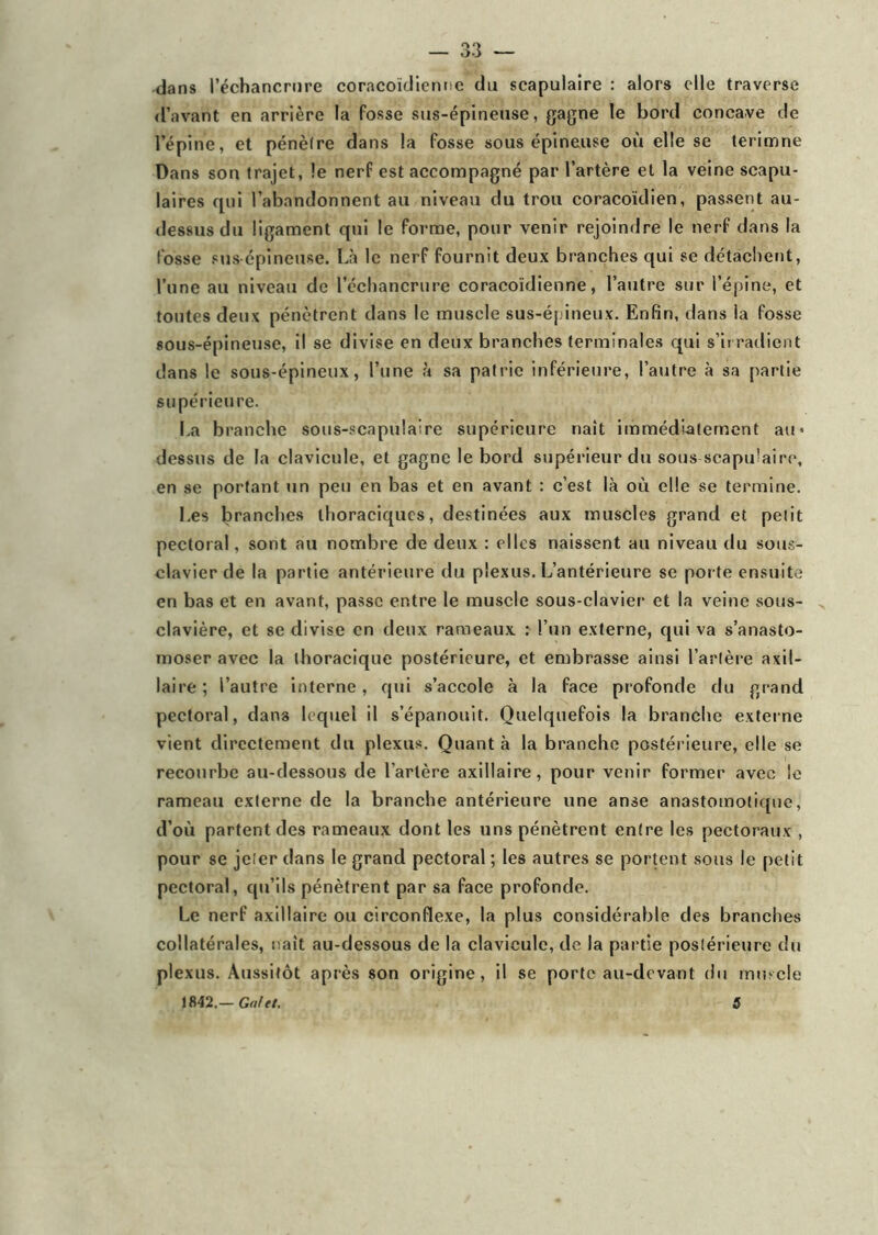 dans l’échancrure coracoïdienne du scapulaire : alors elle traverse d’avant en arrière la fosse sus-épineuse, gagne le bord concave de l’épine, et pénètre dans la fosse sous épineuse où elle se terimne Dans son trajet, le nerf est accompagné par l’artère et la veine scapu- laires qui l’abandonnent au niveau du trou coracoïdien, passent au- dessus du ligament qui le forme, pour venir rejoindre le nerf dans la fosse sus épineuse. Là le nerf fournit deux branches qui se détachent, l’une au niveau de l’échancrure coracoïdienne, l’autre sur l’épine, et toutes deux pénètrent dans le muscle sus-épineux. Enfin, dans la fosse sous-épineuse, il se divise en deux branches terminales qui s’irradient dans le sous-épineux, l’une à sa patrie inférieure, l’autre à sa partie supérieure. La branche sous-scapulaire supérieure naît immédiatement au* dessus de la clavicule, et gagne le bord supérieur du sous scapulaire, en se portant un peu en bas et en avant : c’est là où elle se termine. Les branches thoraciques, destinées aux muscles grand et petit pectoral, sont au nombre de deux : elles naissent au niveau du sous- clavier de la partie antérieure du plexus. L’antérieure se porte ensuite en bas et en avant, passe entre le muscle sous-clavier et la veine sous- clavière, et se divise en deux rameaux : l’un externe, qui va s’anasto- moser avec la thoracique postérieure, et embrasse ainsi l’artère axil- laire ; l’autre interne, qui s’accole à la face profonde du grand pectoral, dans lequel il s’épanouit. Quelquefois la branche externe vient directement du plexus. Quanta la branche postérieure, elle se recourbe au-dessous de l’artère axillaire, pour venir former avec le rameau externe de la branche antérieure une anse anastomotique, d’où partent des rameaux dont les uns pénètrent entre les pectoraux , pour se jeter dans le grand pectoral ; les autres se portent sous le petit pectoral, qu’ils pénètrent par sa face profonde. Le nerf axillaire ou circonflexe, la plus considérable des branches collatérales, naît au-dessous de la clavicule, de la partie postérieure du plexus. Aussitôt après son origine, il se porte au-devant du muscle 1842.— Galet. 5