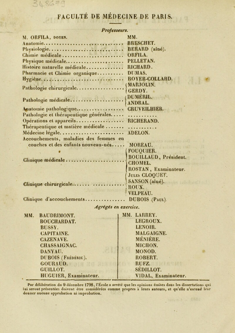 Professeurs. M. 0RF1LA, doyen. MM. Anatomie BRESCHET. Physiologie BERARD (aîné). Chimie médicale 0RF1LA. Physique médicale PELLETAIS. Histoire naturelle médicale RICHARD. Pharmacie et Chimie organique DUMAS. Hygiène ROYER-COLLARD. ....... . . ( MAR.T0L1N. Pathologie chirurgicale GERDY D « ■ • ... . (DUMÉRIL. Pathologie medicale I ANDRAL Awatomie pathologique CRUVE1LH1ER. Pathologie et thérapeutique générales Opérations et appareils RICHERAND. Thérapeutique et matière médicale Médecine légale ADELON. Accouchements, maladies des femmes en couches et des enfants nouveau-nés MOREAU. * [FOUQUIER. . ... , 1BOUILLAUD, Président. Clinique medicale I CHOMEL [ ROSTAN, Examinateur, f Jules CLOQUET. rl. • .. • . SANSON (aîné). Clinique chirurgicale * ' ROUX ' t ! VELPEAU. Clinique d’accouchements DUBOIS (Paul). Agrégés en exercice. M. BAUDRIMONT. MM. LARREY. BOUCHARDAT. LEGROUX. BUSSY. LENOIR. CAPITAINE. MALGAIGNE. CAZENAVE. MÉN1ÈRE. CHASSAIGNAC. MICHON. DANYAU. MONOD. DUBOIS (Frédéric). ROBERT. GOURAUD. RUFZ. GUILLOT. SÉDILLOT. HUGUIER, Examinateur. VIDAL, Examinateur. Par délibération du 9 décembre 1798, l’École a arrêté que les opinions émises dans les dissertations qui lui serout présentées doivent être considérées comme propres à leurs auteurs, et qu’elle n’entend leur donner aucune approbation ni improbation.