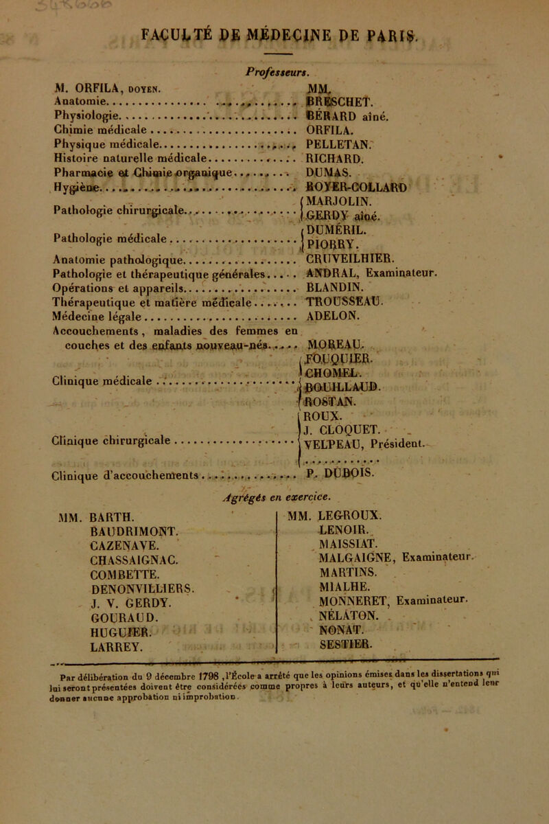 FACULTÉ DE MÉDECINE DE PARIS. Professeurs. M. ORFILA, doyen. MM, Anatomie jBRlïSCHET. Physiologie . BÉRARD aîné. Chimie médicale ORFILA. Physique médicale ., PELLETAN. Histoire naturelle médicale ».. :. RICHARD. Pharmacie et Chimie organique.DUMAS. Hygiene.. •.. •,, • ••,■* ■.. .. •., « •BOlfER^GOLLAIH) , . (MARJOLIN. Pathologie chirurgicale.,. ... ... | GEROy aîné- p .1 i . (DUMÉRIL. Pathologie medicale j pjQRRY Anatomie pathologique CRUVEILHIER. Pathologie et thérapeutique générales ANDRAL, Examinateur. Opérations et appareils BLANDIN. Thérapeutique et matière médicaleTROUSSEAU. Médecine légale ADELON. Accouchements, maladies des femmes en couches et des enfants nouveau-nés. .... MOREAU, ,T0UQU1ER. r ... . , lCHOMEL. Clmique medicale • flOUILLM]». ( fiOSTAN. ROUX. J J. CLOQUET. Clinique chirurgicale i VELPEAU, Président. Clinique d’accouchements P, DUBOIS. MM. BARTH. BAUDRIMONT. CAZENAVE. CHASSAIGNAC. COM BETTE. DENONVILL1ERS. J. V. GERDY. GOURAUD. HUGIJÏER. LARREY. Agrégés en exercice. MM. LEGROUX. LENOIR. MAISSIAT. MALGAIGNE, Examinateur. MARTINS. M1ALHE. MONNERET, Examinateur. . NÉLATON. NONAT. SEST1ER. — Par délibération du 9 décembre 1798 ,l’École a arrêté que les opinions émises dans les dissertations qui lui seront présentées doivent être considérées comme propres à leurs auteurs, et quelle n entend cnr donner aucune approbation ni improbation.