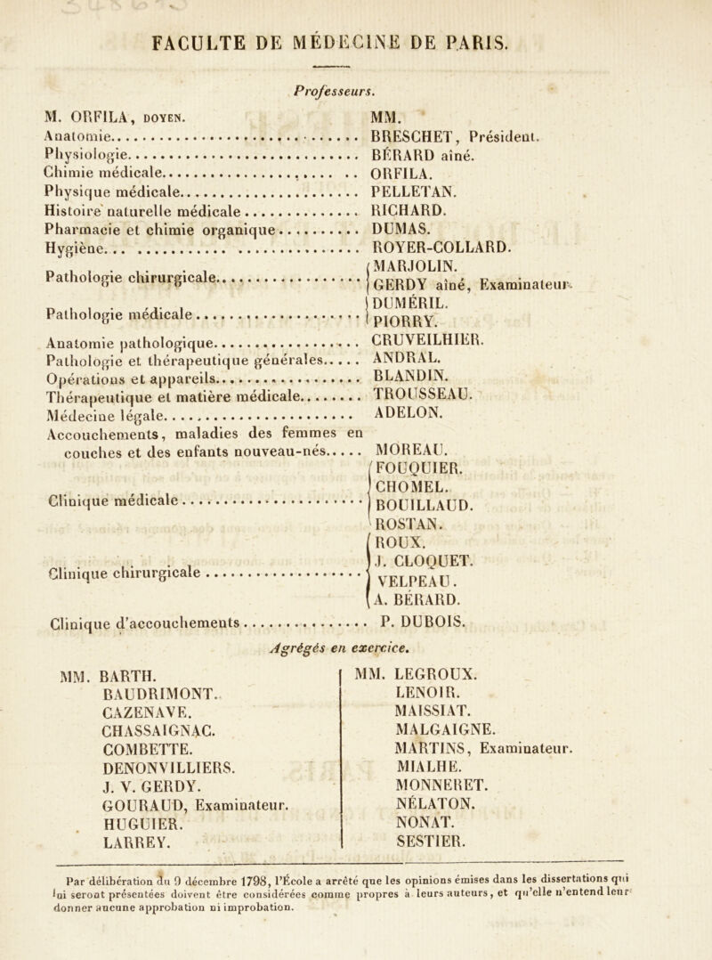 Professeurs. M. ORFILA, DOYEN. Anatomie Physiologie Chimie médicale Physique médicale Histoire naturelle médicale ... . Pharmacie et chimie organique Hygiène ... Pathologie chirurgicale MM. BRESCHET, Président. BÉRARD aîné. ORFILA. PELLETAN. RICHARD. DUMAS. ROYER-COLLARD. jMARJOLIN. GERDY aîné, Examinateur. Pathologie médicale Anatomie pathologique Pathologie et thérapeutique générales Opérations et appareils Thérapeutique et matière médicale Médecine légale Accouchements, maladies des femmes en couches et des enfants nouveau-nés Clinique médicale Clinique chirurgicale Clinique d’accouchements j DUMERIL. ' PIORRY. CRUVEILHIER. ANDRAL. BLANDIN. TROUSSEAU. ADELON. MOREAU. (FOUQUIER. CHOMEL. BOU1LLAUD. ROSTAN. IROUX. .). CLOQUET. VELPEAU. A. BÉRARD. . P. DUBOIS. Agrégés en exercice. MM. BARTH. BÀUDRIMONT, CAZENAVE. CHASSAIGNAC. COMBETTE. DENONV1LLÏERS. J. V. GERDY. GOURAUD, Examinateur. HUGUIER. LARREY. MM. LEGROUX. LENOIR. MAISSIAT. MALGAIGNE. MARTINS, Examinateur. MIALHE. MONNERET. NÉLATON. NONAT. SEST1ER. Par délibération du 9 décembre 1798, l’École a arreté que les opinions émises dans les dissertations qui lui seront présentées doivent être considérées comme propres à leurs auteurs, et qu’elle n’entend leur donner aucune approbation ni improbation.