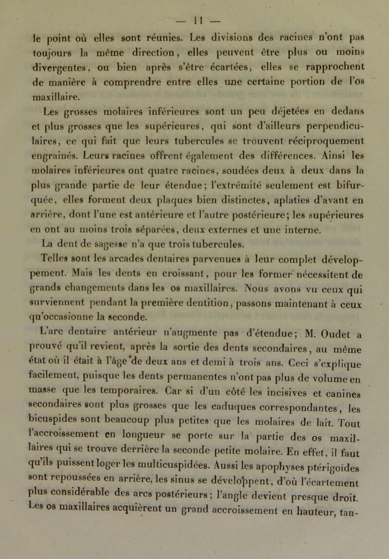 le point où elles sont réunies. Les divisions des racines n’ont pas toujours la même direction, elles peuvent être plus ou moins divergentes, ou bien après s’être écartées, elles se rapprochent de manière à comprendre entre elles une certaine portion de l’os maxillaire. Les grosses molaires inférieures sont un peu déjetées en dedans et plus grosses que les supérieures, qui sont d’ailleurs perpendicu- laires, ce qui fait que leurs tubercules se trouvent réciproquement engrainés. Leurs racines offrent également des différences. Ainsi les molaires inférieures ont quatre racines, soudées deux à deux dans la plus grande partie de leur étendue; l’extrémité seulement est bifur- quée, elles forment deux plaques bien distinctes, aplaties d’avant en arrière, dont l’une est antérieure et l’autre postérieure; les supérieures en ont au moins trois séparées, deux externes et une interne. La dent de sagesse n’a que trois tubercules. Telles sont les arcades dentaires parvenues à leur complet dévelop- pement. Mais les dents en croissant, pour les former nécessitent de grands changements dans les os maxillaires. Nous avons vu ceux qui surviennent pendant la première dentition, passons maintenant à ceux qu’occasionne la seconde. L’arc dentaire antérieur n’augmente pas d’étendue; M. Oudet a prouvé qu’il revient, après la sortie des dents secondaires, au même état où il était à lage‘de deux ans et demi à trois ans. Ceci s’explique facilement, puisque les dents permanentes n’ont pas plus de volume en masse que les temporaires. Car si d’un côté les incisives et canines secondaires sont plus grosses que les caduques correspondantes, les bicuspides sont beaucoup plus petites que les molaires de lait. Tout l’accroissement en longueur se porte sur la partie des os maxil- laires qui se trouve derrière la seconde petite molaire. En effet, il faut qu’ils puissent loger les multicuspidées. Aussi les apophyses ptérigoïdes sont repoussées en arrière, les sinus se développent , d’où l’écartement plus considérable des arcs postérieurs ; l’angle devient presque droit. Les os maxillaires acquièrent un grand accroissement en hauteur, tan-