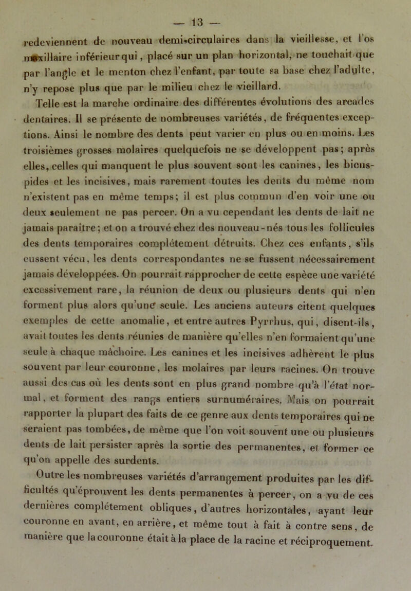 redeviennent de nouveau demLcirculaires dans la vieillesse, et l’os auxiliaire inférieur qui, placé sur un plan horizontal, ne touchait que par l’angle et le menton chez l’enfant, par toute sa base chez l’adulte, n’y repose plus que par le milieu chez le vieillard. Telle est la marche ordinaire des différentes évolutions des arcades dentaires. Il se présente de nombreuses variétés, de fréquentes excep- tions. Ainsi le nombre des dents peut varier en plus ou en moins. Les troisièmes grosses molaires quelquefois ne se développent pas; après elles, celles qui manquent le plus souvent sont les canines, les bicus- pides et les incisives, mais rarement toutes les dents du même nom n’existent pas en même temps; il est plus commun d’en voir une ou deux seulement ne pas percer. Un a vu cependant les dents de lait ne jamais paraître; et on a trouvé chez des nouveau-nés tous les follicules des dents temporaires complètement détruits. Chez ces enfants, s’ils eussent vécu, les dents correspondantes ne se fussent nécessairement jamais développées. On pourrait rapprocher de celte espèce une variété excessivement rare, la réunion de deux ou plusieurs dents qui n’en forment plus alors qu’une seule. Les anciens auteurs citent quelques exemples de cette anomalie, et entre autres Pyrrhus, qui, disent-ils, avait toutes les dents réunies de manière qu’elles n’en formaient qu’une seule à chaque mâchoire. Les canines et les incisives adhèrent le plus souvent par leur couronne, les molaires par leurs racines. On trouve aussi des cas où les dents sont en plus grand nombre qu’à l’état nor- mal , et forment des rangs entiers surnuméraires. Mais on pourrait rapporter la plupart des faits de ce genre aux dents temporaires qui ne seraient pas tombées, de même que l’on voit souvent une ou plusieurs dents de lait persister après la sortie des permanentes, et former ce qu’on appelle des surdenls. Outre les nombreuses variétés d’arrangement produites par les dif- ficultés qu éprouvent les dents permanentes à percer, on a vu de ces dernières complètement obliques, d’autres horizontales, ayant leur couronne en avant, en arrière, et même tout à fait à contre sens, de manière que la couronne était à la place de la racine et réciproquement.