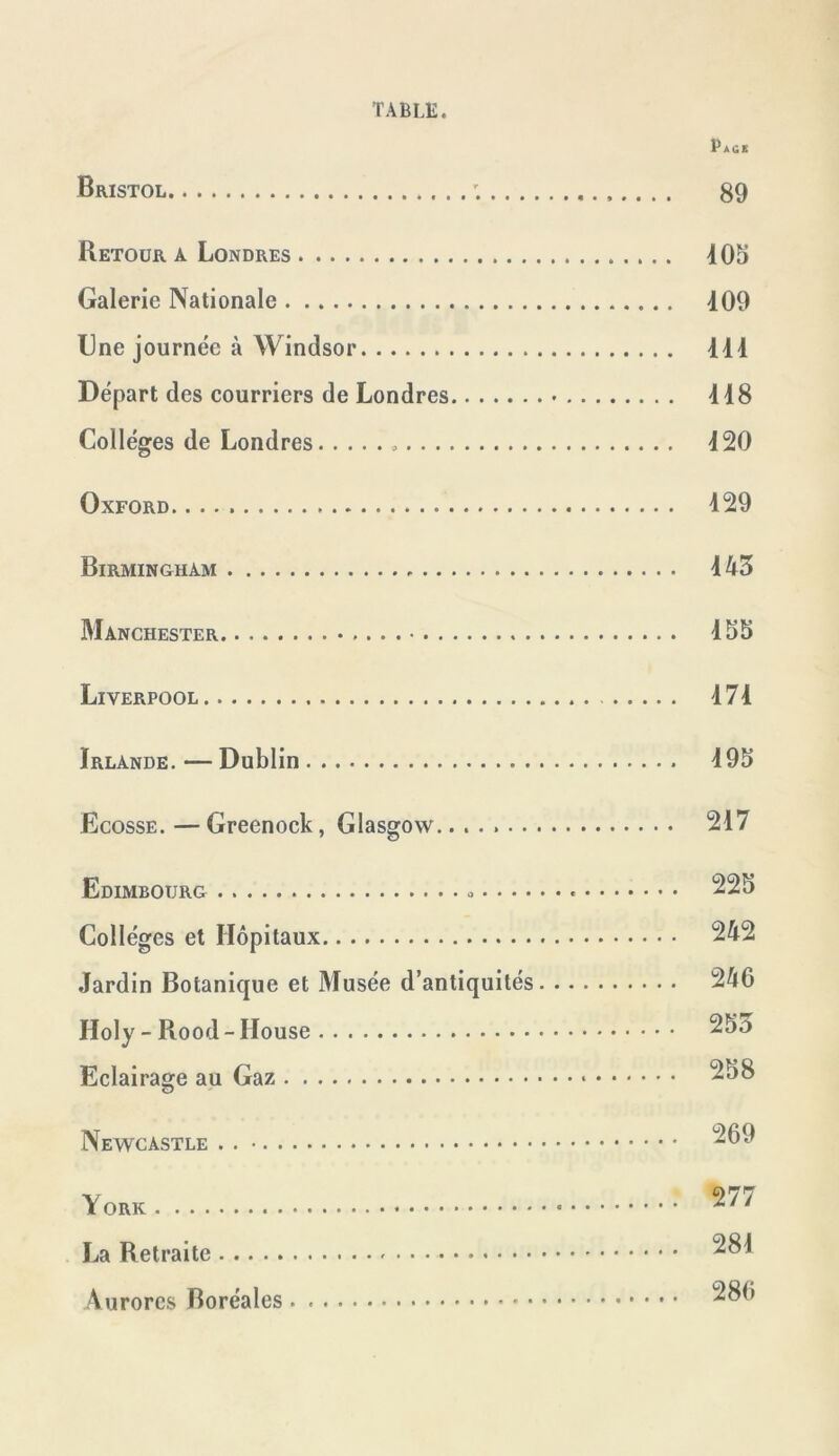 TABLE. Page Bristol 89 Retour a Londres 105 Galerie Nationale 109 Une journée à Windsor 111 Départ des courriers de Londres 118 Collèges de Londres 120 Oxford 129 Birmingham 143 Manchester 155 Liverpool 171 Irlande. — Dublin 195 Ecosse. — Greenock, Glasgow. 217 Edimbourg 225 Collèges et Hôpitaux 242 .Jardin Botanique et Musée d’antiquités 246 Holy - Rood - House Eclairage au Gaz Newcastle . . York La Retraite Aurores Boréales