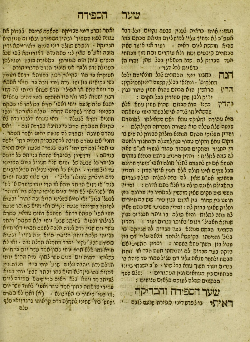 שער י• ועשינו אוחו כראיה לענין שנעה נקיים;וכל דגר אעפ׳׳כ לא נחמיר עליו לחוש ליום מציאת הכתם כמו שהיא חוששת ליום ראיה . ועוד אני אותר שאין הכתמים קונעיס וסח ולא עוקרים וסת חוץ מכתמי העד הנדוק לה שהן מגיתאין נכל שהן והרי הן כראיות לכל דנר • הנה כתכנו דיני הכתמים לכל חוצאיהסולכל מחלקות' ♦ ונמצאו בכללן תשעס דיניןמסולקין: דדץ הראשון הוא הכסס שהוא ממין טהור כגון ירוק ולכן שהן טהורין ככל מקום : *הדין השני הוא הכתם שהוא ממין טמא אלא שהשאיל תו לנדה אושלכשתו כימי טומאתה היא טהורה וחלוקה טמא ואסהשאילתו לסופרת שנעה שלא טנלה היא טהורה והכרתה מקולקלת  והדין השלישי הכחס הנמצא כחלוק הכדוק לה שיש נו מקום טמא ומקום טהור כגון למעלה מןהחגור ולמטה מן החגור והמקום הטהור טהור לגמרי אע״ם שאין לה כמה לתלות ו והדין הרגיע נלחם הנמצא כמקים הטמא אס יש לה נמה לתלו׳ תולה ואפי׳שיעור מדונה מכל מקום אינו תולה אלא מעין אותי המין: והדין *חמישי אע״פשאין לה כתה לתלות תולה כגרים במאכולת ואינה ודלה נו אלא כתם אדום: והדין הששי שיש מקום שאין חוששין לכתתיו כין מרינה נין מועט נין שחור בין אדום כגון עיר שיש כה חזירים וחלוק שאינו בדוק לה : והדין השכיעי שיש כתם שאין לה במה לתלות והיא תולה נו יותר מכנריס כגין שנמצא מאכול׳ רצופ׳ כאותו כגריס ועוד : והדין השמיני הכתם הנמצא כעד הנדוק לה שכדקה נו בליל׳ והניחתו בקופסא ולמחר מצאה עליו דם נין עגיל כין משוך טמא כמשהו *, והדין התשיעי אס נדקה כעדהנדוק לה והניחתו תחת הכר או תחת הכסת ולמחר מצאה עליו דם עגיל טהור עד שיהא בו כגריס ועוד משוך טמא נכל שהו ♦ ע ב השגתי בדיני הכתמים בין הטמאים ונין הטהורים • נשלם שער הכתמים תהלה לעושה פלאים עצומים : שער הספירה והבדיקה ראיתי נו לפרש דעי ספירה שנעה ל!בה י הספירה ואחר נפרש דיני הכדיקה שהא שה צרי כה לנדוקאת עצמה לפני הספיר׳ ינתוךהספירה ונאי זה עניןהיא הנמקה * ונפרש תחלה דיני הנדה דאורייתא ודין הזנה ואע*פ שאין לנו עתה נדה דאורייתא לפי שכל הנשים בזמן הזה ספירתן כספירת הזבה וטובי לתן כטכילח נדה ולכך אני מזכיר הנדה מדכרי תלוה • מעיקרא כד הוו נקיאין רבנן נחזותא דדרוא והדיין נשי גקיאות נין ימי נדה לימי זיכה בד חזאי אתתא חד יומא דתא או אפילו חדא שעתא מייתי לה קמי רננן ומחוא לסו ואי הוו החמשה מיני דמים טמאים יתנא עלה שיעה יומי ואפי' חזיא נכולהו אי פסקה כשמעי סמוך לשקיעת הסתה טנלהנאירתא ננהי תמניא ושרא לנעלה ־ תאי טעתא דלגנינדה לא כתיכא הפסקת הדס כדכתינא נפרשת זבה • ואס טהרה חזונה וספרה לה שנעת ימים ואחר מטהר • ותני' אס טהרה מזונה לכשתפסוק תנדה כתי' ואשה כי תהי' זנה ים יהי' זונה בגשרה שנעת יחים תהיה בנדתה י ודרשינן בסיפרא שתהא גניחה כל -געה כלומר כל שנעה של ימים שלא תטגול גיוס ה־ניעי עד ליל שמיני • ותניא כל חייגי טיילות טנילהןניוס נדה ויולדת טנילת' כליל' • וכי שלמי שנעת ימים כנד' אי סזיא תו סד יומא או תרי יומי שיתרת א׳ לא׳ וא׳ לשני, !־אי לאסזיא ביום שלישי טובלת גיו׳ותותר' לנעל׳ כליל' ואי סייא כשלישי הויא זנה גמור׳ וגעיא לתיסג נתרייהו שגעה נקיים ואי חזיא כהנהו שגעה יומי אפי׳ טפתא דדחא מחתשא דמים טתאין סתרא לכולהו ונעיא למיתג שגע' יומי כלא הפסק' ואחד עשר יום שכין נדה לנדה הלכה למשה תכיני דאי חזיא נגויהו תלהא יומין רציפין הויא זנה בתור׳ וגפיא ספירת שגע׳ נקיי׳ והדר מהחלה תחל ת נדה * ואי לא חזיא נהו אלא תרין יומי נסוףאמד ע:ר יוס כי־חזיא כשלישי דהוהיוס שנים עשר לסוף נדה ההוא יומי תחלת נדה ויתנה עליה שגע' יותי כיין הנדה-כין דחזיא נהו ניןדלא סזיא כהו וכתר שנע׳ יומי געיא לעיתנחדיומא כלא ראיה כדי שיהא ספורה ליום עשירי שראתה בתוך אחד טסר ואפי' לאחד עשר יוס כמי נעי׳ שימור כי האי גונא . (א) ואס לא ספרה וקמש׳ כיו, שמינילתחלת כדה קראוהו גרגרןואי חלף