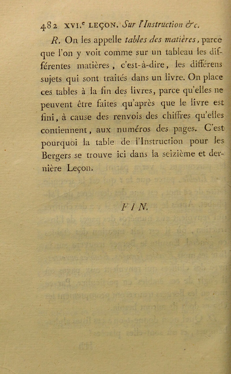 R. Ou les appelle tables des matières, parce que l’on y voit comme sur un tableau les dif- férentes matières, c est-à-dire, les différens sujets qui sont traités dans un livre. On place ces tables à la fin des livres, parce quelles ne peuvent être faites qu après que le livre est fini, à cause des renvois des chiffres quelles contiennent, aux numéros des pages. C’est pourquoi la table de l’Instruction pour les Bergers se trouve ici dans la seizième et der- nière Leçon. FIN.