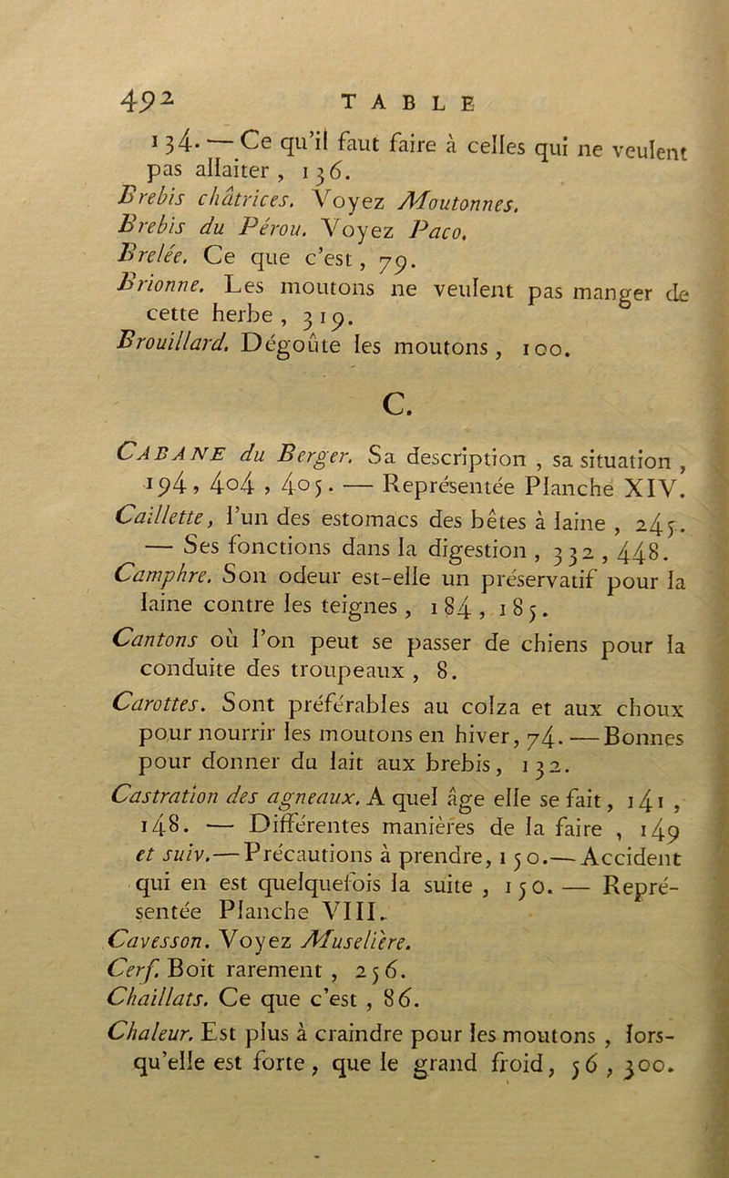 134* — Ce qu’il faut faire à celles qui ne veulent pas allaiter , 136. Brebis chatrices. Voyez Moutonnes. Brebis du Pérou. Voyez Paco. Brelée. Ce que c’est, 7p. Brionne. Les moutons ne veulent pas manger de cette herbe, 31p. Brouillard. Dégoûte les moutons, 100. c. Cabane du Berger. Sa description , sa situation , ip4, 4o4,4oV — Représentée Planche XIV. Caillette, l’un des estomacs des bêtes à laine , 245. — Ses fonctions dans la digestion , 332,448. Camphre. Son odeur est-elle un préservatif pour la laine contre les teignes , 184,185. Cantons ou 1 on peut se passer de chiens pour la conduite des troupeaux , 8. Carottes. Sont préférables au colza et aux choux pour nourrir les moutons en hiver, 74* —Bonnes pour donner du lait aux brebis, 132. Castration des agneaux. A quel âge elle se fait, 141 , i4S. ■— Différentes manières de la faire , 149 et suiv.—Précautions à prendre, 150.— Accident qui en est quelquefois la suite , 150. — Repré- sentée Planche VIIL Caves son. Voyez Muselière. Cerf. Boit rarement , 256. Chaillats. Ce que c’est , 8 6. Chaleur. Est plus à craindre pour les moutons , lors- qu’elle est forte , que le grand froid, 56 , 300.