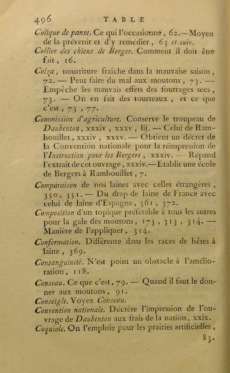 Colique de pause. Ce qui l’occasionne , 62.—Moyen de la prévenir et d’y remédier, 63 et suiv. Collier des chiens de Berger. Comment il doit être fuit, 16. Cofa, nourriture fraîche dans la mauvaise saison, 72. — Peut faire du mal aux moutons ,73. — Empêche les mauvais effets des fourrages secs , 73. — On en fait des tourteaux , et ce que c’est, 75 , 77. Commission d'agriculture. Conserve le troupeau de Daubenton, xxxiv , xxxv , lij. — Celui de Ram- bouillet , xxxiv , xxxv. — Obtient un décret de ïa Convention nationale pour la réimpression de l'Instruction pour les Bergers , xxxiv. — Répand l’extrait de cet ouvrage , xxxiv.—Etablit une école de Bergers à Rambouillet, 7. Comparaison de nos laines avec celles étrangères , 350, 351. — Du drap de laine de France avec celui de laine d’Espagne, 361 , 372. Composition d’un topique préférable à tous les autres pour la gale des moutons, 173 , 313 , 314* — Manière de l’appliquer , 314. Conformation. Différente dans les races de bêtes à laine ,369. Consanguinité. N’est point un obstacle à l’amélio- ration , 1 1 8. Conseau. Ce que c’est, 79. — Quand il faut le don- ner aux moutons , 91. Conseigle.Voyez Conseau. Convention nationale. Décrète l’impression de l’ou- vrage de Daubenton aux frais de la nation, xxix. Coquiole. On l’emploie pour les prairies artificielles , S3*