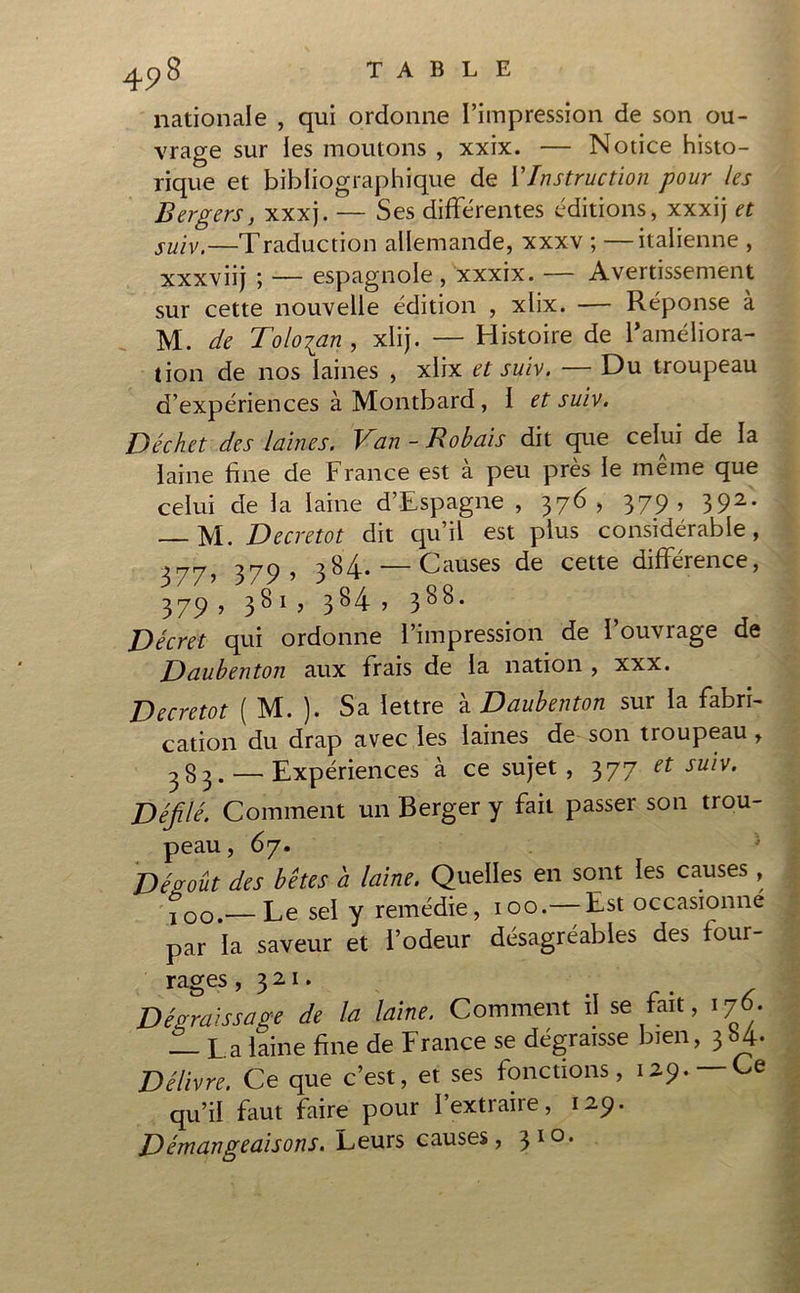 nationale , qui ordonne l’impression de son ou- vrage sur les moutons , xxix. — Notice histo- rique et bibliographique de l’Instruction pour les Bergers, xxxj. — Ses différentes éditions, xxxij et suiv.—Traduction allemande, xxxv ; —italienne , xxxviij ; — espagnole , xxxix. — Avertissement sur cette nouvelle édition , xlix. — Réponse à M. de Tolo7an , xlij. — Histoire de l’améliora- tion de nos laines , xlix et suiv. — Du troupeau d’expériences à Montbard, I et suiv. Déchet des laines. Van-Robais dit que celui de la laine fine de France est à peu près le même que celui de la laine d’Espagne , 376, 379, 392. M. Decretot dit qu’il est plus considérable, 277, 279, 384. — Causes de cette différence, 379 , 381 ? 384 , 388* Décret qui ordonne l’impression de l’ouvrage de Daubenton aux Frais de la nation , xxx. Decretot ( M. ). Sa lettre à Daubenton sur la fabri- cation du drap avec les laines de son troupeau, — Expériences à ce sujet, 377 et suiv. Défié. Comment un Berger y fait passer son trou- peau, 67. Dégoût des bêtes a laine. Quelles en sont les causes, ioo.— Le sel y remédie, 100.— Est occasionne par la saveur et l’odeur désagréables des four- rages , 3 21. Dégraissage de la laine. Comment il se fait, 176. 1- La laine fine de France se dégraisse bien, 3 4- Délivre. Ce que c’est, et ses fonctions, 129.—Ce qu’il faut faire pour l’extraire, 129. Démangeaisons. Leurs causes, 310.