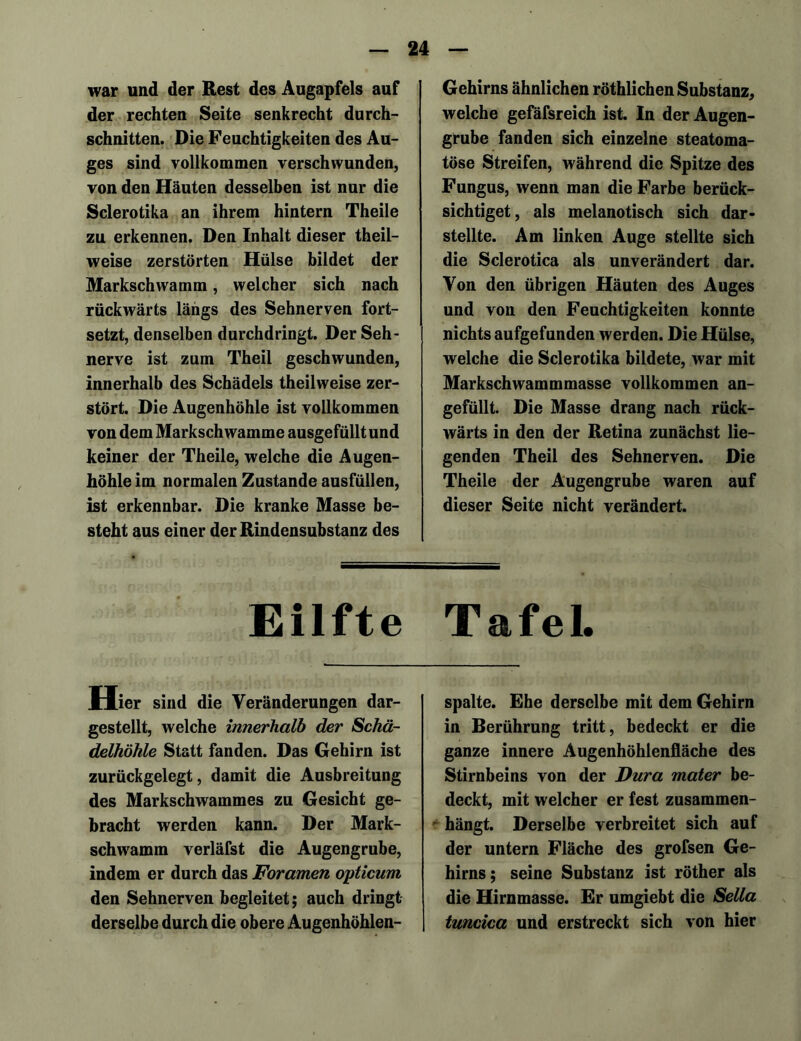 war und der Rest des Augapfels auf der rechten Seite senkrecht durch- schnitten. Die Feuchtigkeiten des Au- ges sind vollkommen verschwunden, von den Häuten desselben ist nur die Sclerotika an ihrem hintern Theile zu erkennen. Den Inhalt dieser theil- weise zerstörten Hülse bildet der Markschwamm, welcher sich nach rückwärts längs des Sehnerven fort- setzt, denselben durchdringt. Der Seh- nerve ist zum Theil geschwunden, innerhalb des Schädels theilweise zer- stört. Die Augenhöhle ist vollkommen von dem Markschwamme ausgefüllt und keiner der Theile, welche die Augen- höhle im normalen Zustande ausfüllen, ist erkennbar. Die kranke Masse be- steht aus einer der Rindensubstanz des Gehirns ähnlichen röthlichen Substanz, welche gefäfsreich ist. In der Augen- grube fanden sich einzelne steatoma- töse Streifen, während die Spitze des Fungus, wenn man die Farbe berück- sichtiget, als melanotisch sich dar- stellte. Am linken Auge stellte sich die Sclerotica als unverändert dar. Von den übrigen Häuten des Auges und von den Feuchtigkeiten konnte nichts aufgefunden werden. Die Hülse, welche die Sclerotika bildete, war mit Markschwammmasse vollkommen an- gefüllt. Die Masse drang nach rück- wärts in den der Retina zunächst lie- genden Theil des Sehnerven. Die Theile der Augengrube waren auf dieser Seite nicht verändert. Eilfte Tafel. Hier sind die Veränderungen dar- gestellt, welche innerhalb der Schä- delhöhle Statt fanden. Das Gehirn ist zurückgelegt, damit die Ausbreitung des Markschwammes zu Gesicht ge- bracht werden kann. Der Mark- schwamm verläfst die Augengrube, indem er durch das Foramen opticum den Sehnerven begleitet; auch dringt derselbe durch die obere Augenhöhlen- spalte. Ehe derselbe mit dem Gehirn in Berührung tritt, bedeckt er die ganze innere Augenhöhlenfläche des Stirnbeins von der Dura mater be- deckt, mit welcher er fest zusammen- hängt. Derselbe verbreitet sich auf der untern Fläche des grofsen Ge- hirns ; seine Substanz ist röther als die Hirnmasse. Er umgiebt die Sella tuncica und erstreckt sich von hier