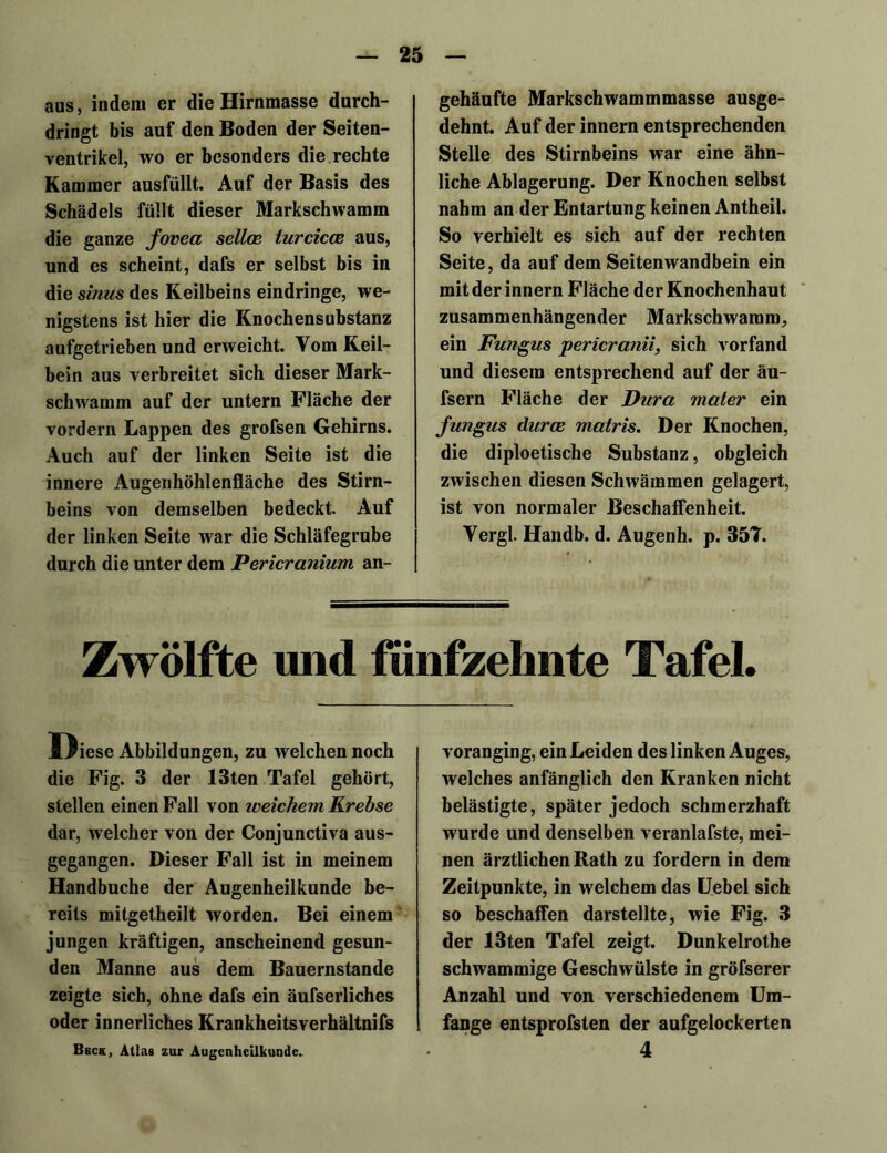 aus, indem er die Hirnmasse durch- dringt bis auf den Boden der Seiten- ventrikel, wo er besonders die rechte Kammer ausfüllt. Auf der Basis des Schädels füllt dieser Markschwamm die ganze fovea selloe turcicce aus, und es scheint, dafs er selbst bis in die sinus des Keilbeins eindringe, we- nigstens ist hier die Knochensubstanz aufgetrieben und erweicht. Vom Keil- bein aus verbreitet sich dieser Mark- schwamm auf der untern Fläche der vordem Lappen des grofsen Gehirns. Auch auf der linken Seite ist die innere Augenhöhlenfläche des Stirn- beins von demselben bedeckt. Auf der linken Seite war die Schläfegrube durch die unter dem Pericranium an- gehäufte Markschwammmasse ausge- dehnt. Auf der innern entsprechenden Stelle des Stirnbeins war eine ähn- liche Ablagerung. Der Knochen selbst nahm an der Entartung keinen Antheil. So verhielt es sich auf der rechten Seite, da auf dem Seitenwandbein ein mit der innern Fläche der Knochenhaut zusammenhängender Markschwamm, ein Fungus pericranii, sich vorfand und diesem entsprechend auf der äu- fsern Fläche der Dura mater ein fungus durce matris. Der Knochen, die diploetische Substanz, obgleich zwischen diesen Schwämmen gelagert, ist von normaler Beschaffenheit. Vergl. Handb. d. Augenh. p. 357. Zwölfte und fünfzehnte Tafel. Diese Abbildungen, zu welchen noch die Fig. 3 der 13ten Tafel gehört, stellen einen Fall von weichem Krebse dar, welcher von der Conjunctiva aus- gegangen. Dieser Fall ist in meinem Handbuche der Augenheilkunde be- reits mitgetheilt worden. Bei einem jungen kräftigen, anscheinend gesun- den Manne aus dem Bauernstände zeigte sich, ohne dafs ein äufserliches oder innerliches Krankheitsverhältnifs Bbck, Atlas zur Augenheilkunde. voranging, ein Leiden des linken Auges, welches anfänglich den Kranken nicht belästigte, später jedoch schmerzhaft wurde und denselben veranlafste, mei- nen ärztlichen Rath zu fordern in dem Zeitpunkte, in welchem das Uebel sich so beschaffen darstellte, wie Fig. 3 der 13ten Tafel zeigt. Dunkelrothe schwammige Geschwülste in gröfserer Anzahl und von verschiedenem Um- fange entsprofsten der aufgelockerten 4