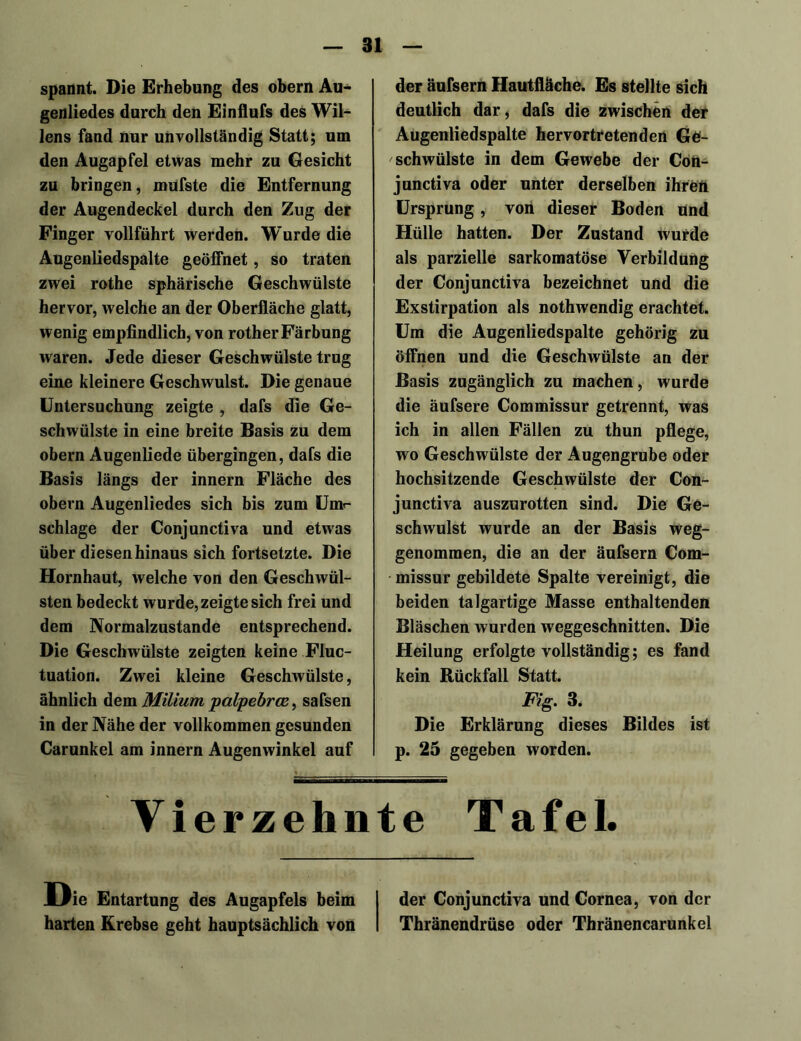 spannt. Die Erhebung des obern Au- genliedes durch den Einflufs des Wil- lens fand nur unvollständig Statt; um den Augapfel etwas mehr zu Gesicht zu bringen, mufste die Entfernung der Augendeckei durch den Zug der Finger vollführt werden. Wurde die Augenliedspalte geöffnet, so traten zwei rothe sphärische Geschwülste hervor, welche an der Oberfläche glatt, wenig empfindlich, von rotherFärbung waren. Jede dieser Geschwülste trug eine kleinere Geschwulst. Die genaue Untersuchung zeigte , dafs die Ge- schwülste in eine breite Basis zu dem obern Augenliede übergingen, dafs die Basis längs der innern Fläche des obern Augenliedes sich bis zum Umr- schlage der Conjunctiva und etwas über diesen hinaus sich fortsetzte. Die Hornhaut, welche von den Geschwül- sten bedeckt wurde, zeigte sich frei und dem Normalzustände entsprechend. Die Geschwülste zeigten keine Fluc- tuation. Zwei kleine Geschwülste, ähnlich dem Milium palpebrce, safsen in der Nähe der vollkommen gesunden Carunkel am innern Augenwinkel auf der äufsern Hautfläche. Es stellte sich deutlich dar, dafs die zwischen der Augenliedspalte hervortretenden Ge- schwülste in dem Gewebe der Con- junctiva oder unter derselben ihreft Ursprung , von dieser Boden und Hülle hatten. Der Zustand wurde als parzielle sarkomatöse Verbildung der Conjunctiva bezeichnet und die Exstirpation als nothwendig erachtet. Um die Augenliedspalte gehörig zu öffnen und die Geschwülste an der Basis zugänglich zu machen, wurde die äufsere Commissur getrennt, was ich in allen Fällen zu thun pflege, wo Geschwülste der Augengrube oder hochsitzende Geschwülste der Con- junctiva auszurotten sind. Die Ge- schwulst wurde an der Basis weg- genommen, die an der äufsern Com- missur gebildete Spalte vereinigt, die beiden talgartige Masse enthaltenden Bläschen wurden weggeschnitten. Die Heilung erfolgte vollständig; es fand kein Rückfall Statt. Fig. 3. Die Erklärung dieses Bildes ist p. 25 gegeben worden. Vierzehnte Tafel. JLlie Entartung des Augapfels beim harten Krebse geht hauptsächlich von der Conjunctiva und Cornea, von der Thränendrüse oder Thränencarunkel