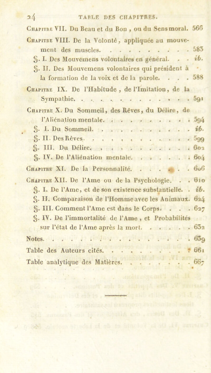 Chapitre VII. Du Beau et du Bon , ou du Sens moral. 560 Chapitre VIII. De la Volonté, appliquée au mouve- ment des muscles £>83 I. Des Mouvemens volontaires en général. - • ib. §. II. Des Mouvemens volontaires qui président à la formation de la voix et de la parole. . . . 588 Chapitre IX. De l’Habitude, de l’Imitation, de la Sympathie. 5gi Chapitre X. Du Sommeil, des Rêves, du Délire, de l’Aliénation mentale 5q4 5- I. Du Sommeil ib- §. II. Des Rêves 099 §. III. Du Délire. . 602 §. IV. De l’Aliénation mentale 604 Chapitre XI. De la Personnalité 606 Chapitre Xll. De l’Ame ou de la Psychologie. . . 0io §. I. De l’Ame, et de son existence substantielle. . ib. §. II. Comparaison de l’Homme avec les Animaux. 624 §. III. Comment l’Ame est dans le Corps. . . . 627 §. IV. De l’immortalité de l’Ame , et Probabilités sur l’état de l’Ame après la mort 632 Notes * . . 639 Table des Auteurs cités ? 661 Table analytique des Matières 66~