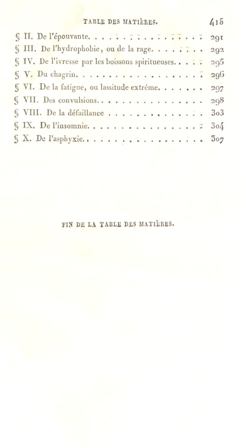 § IT. De l’épouvante. 291 § III. De l’hydrophobie, ou de la rage. 292 § IV. De l’ivresse par les boissons spiritueuses. . . . . 29$ § Y. Du chagrin 296 § VI. De la fatigue, ou lassitude extrême 297 § VII. Des convulsions 298 § VIII. De la défaillance 3o3 § IX. De l’insomnie 2 3o4 5 X. De l’aspbyxie 307 FIN DE LA TABLE DES MATIÈRES.