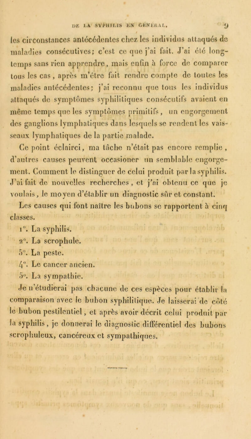 les circonstances antécédentes chez les individus attaqués de maladies consécutives; c’est ce que j’ai fait. J’ai été long- temps sans rien apprendre, mais enfin à force de comparer tous les cas, après m’être fait rendre compte de toutes les maladies antécédentes; j’ai reconnu que tous les individus attaqués de symptômes syphilitiques consécutifs avaient en même temps que les symptômes primitifs, un engorgement des ganglions lymphatiques dans lesquels se rendent les vais- seaux lymphatiques delà partie malade. Ce point éclairci, ma tâche n’était pas encore remplie, d’autres causes peuvent occasïoner un semblable engorge- ment. Comment le distinguer de celui produit par la syphilis. J’ai fait de nouvelles recherches , et j’ai obtenu ce que je voulais, le moyen d’établir un diagnostic sur et constant. Les causes qui font naître les bubons se rapportent h cinq classes. 1. La syphilis. 2°. La scrophule. 5°. La peste. Le cancer ancien. 5°. La sympathie. Je n étudierai pas chacune de ces espèces pour établir la comparaison avec le bubon syphilitique. Je laisserai de côté le bubon pestilentiel, et après avoir décrit celui produit par la syphilis, je donnerai le diagnostic différentiel des bubons scrophuleux, cancéreux et sympathiques.