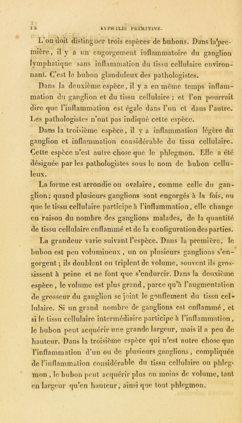 1 J. k \ PH J LIS PRIMITIVE. L’on doit distinguer trois espèces débutons. Dans la’pre- mière, il y a un engorgement inflammatoire du ganglion lymphatique sans inflammation du tissu cellulaire environ- nant. C’est le bubon glanduleux des pathologistes. Dans la deuxième espèce, il y a en même temps inflam- mation du ganglion et du tissu cellulaire ; et l’on pourrait dire que l’inflammation est égale dans l’un cl dans l’aulre. Les pathologistes n’ont pas indiqué cotte espèce. Dans la troisième espèce, il y a inflammation légère du ganglion et inflammation considérable du tissu cellulaire. Cette espèce n’est autre chose que le phlegmon. Elle a été désignée parles pathologistes sous le nom de bubon cellu- leux. La forme est arrondie ou ovalaire, comme celle du gan- glion; quand plusieurs ganglions sont engorgés à la lois, ou que le tissu cellulaire participe h l’inflammation, elle change en raison du nombre des ganglions malades, de la quantité de tissu cellulaire enflammé et de la configuration des parties. La grandeur varie suivant l’espèce. Dans la première, le bubon est peu volumineux, un ou plusieurs ganglions s’en- gorgent ; ils doublent ou triplent de volume, souvent ils gros- sissent à peine et ne font que s’endurcir. Dans la deuxième espèce, le volume est plus grand, parce qu’h l’augmentation de grosseur du ganglion se joint le gonflement du tissu cel- lulaire. Si un grand nombre de ganglions est enflammé, et si le tissu cellulaire intermédiaire participe h l’inflammation , le bubon peut acquérir une grande largeur, mais il a peu de hauteur. Dans la troisième espèce qui n’est autre chose que l’inflammation d’un ou de plusieurs ganglions, compliquée de l’inflammation considérable du tissu cellulaire ou phleg* mon , le bubon peut acquérir plus ou moins de volume, tant en largeur qu’en hauteur, ainsique tout phlegmon.