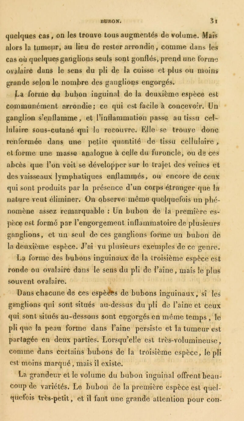 quelques cas, on les trouve tous augmentés de volume. Mais alors la tumeur, au lieu de rester arrondie, comme dans les cas où quelques ganglions seuls sont gonflés, prend une forme é ovalaire duns le sens du pli de la cuisse et plus ou moins grande selon le nombre des ganglions engorgés. La forme du bubon inguinal de la deuxième espèce est communément arrondie; ce qui est facile k concevoir. Un ganglion s’enflamme, et rinflanmialion passe au tissu cel- lulaire sous-cutané qui le recouvre. Elle se trouve donc renfermée dans une petile quantité de tissu cellulaire, et forme une masse analogue à celle du furoncle, ou de ces abcès que l’on voit se développer sur le trajet des veines et des vaisseaux lymphatiques enflammés, ou encore de ceux qui sont produits par la présence d’un corps étranger que la nature veut éliminer. On observe même quelquefois un phé- nomène assez remarquable : Un bubon de la première es- pèce est formé par l’engorgement inflammatoire de plusieurs gnnglions, et un seul de ces ganglions forme un bubon de la deuxième espèce. J’ai vu plusieurs exemples de ce genre. La forme des bubons inguinaux de la troisième espèce est ronde ou ovalaire dans le sens du pli de l’aine, mais le plus souvent ovalaire. Dans chacune de ces espèé^s de bubons inguinaux, si les ganglions qui sont situés au-dessus du pli de l’aine et ceux qui sont situés au-dessous sont engorgés en même temps , le pli que la peau forme dans l’aine persiste et la tumeur est partagée en deux parties. Lorsqu’elle est très-volumineuse, comme dans certains bubons de la troisième espèce, le pli est moins marqué , mais il existe. La grandeur et le volume du bubon inguinal offrent beau- coup de variétés. Le bubon de la première espèce est quel- quefois très-petit, et il faut une grande attention pour con-