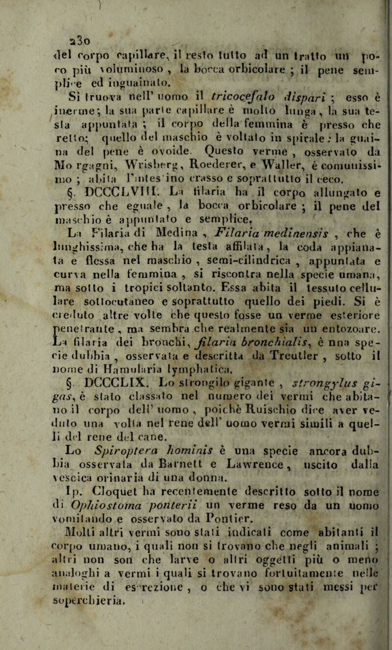 ^3o del corpo capillare, il cesio tulio ad un trailo un po- ro più \oiuminoso , la bocca orbicolare ; il pene sem- plice ed inguauialo. Si Iruova nell’ uomo il tricocefalo dispari ; esso è inerme*, la sua parie capillare è mollo lunga, la sua te- sta appuntala ; il corpo della femmina è presso che retto; quello del maschio è voltalo in spirale : la guai- na del pene è ovoide Questo verme , osservalo da Mo rgagni, Wrisberg, Roederer, e Waller, è comunissi- mo ; abita l'intes ino crasso e sopra II ulto il ceco. §. DCCCLVIII. La ii la ria ha il corpo allungalo e presso che eguale , la bocca orbicolare ; il pene del maschio è appuntato e semplice. La Filaria di Medina , Filaria medinensis , che è lunghissima, che ha la lesta affilala, la coda appiana- ta e flessa nel maschio , semi-cilindrica , appuntata e curva nella femmina , si riscontra nella specie umana, ma sotto i tropici soltanto. Essa abita il tessuto cellu- lare sottocutaneo e soprattutto quello dei piedi. Si è creduto altre volte che questo fosse un verme esteriore Eenetrante, ma sembra che realmente sia un entozoare. a filaria dei bronchi, filaria bronchialis, è nna spe- cie dubbia , osservata e descritta da Treutler , sotto il nome di Hamularia lymphalica. § DCCCLIX. Lo st ro lìgi lo gigante , strongydus gì- 1 gas* è stato classato nel numero dei vermi che abita- f no il corpo dell’ uomo , poiché Ruischio dice aver ve- duto una volta nel rene dell' uomo vermi simili a quel- li del rene del cane. Lo Spiroptera hominis è una specie ancora dub- bia osservala da Barnett e Lawrence, uscito dalla vescica orinaria di una donna. Ip. Cloquet ha receniemente descritto sotto il nome di Ophiostoma ponterii un verme reso da un uomo vomitando e osservato da Pontier. Molli altri vermi sono stati indicati come abitanti il corpo umano, i quali non si trovano che negli animali ; altri non son che larve o altri oggetti più o meno analoghi a vermi i quali si trovano fortuitamente nelle materie di escrezione , o che vi sono stati messi per sopéreb ieria.