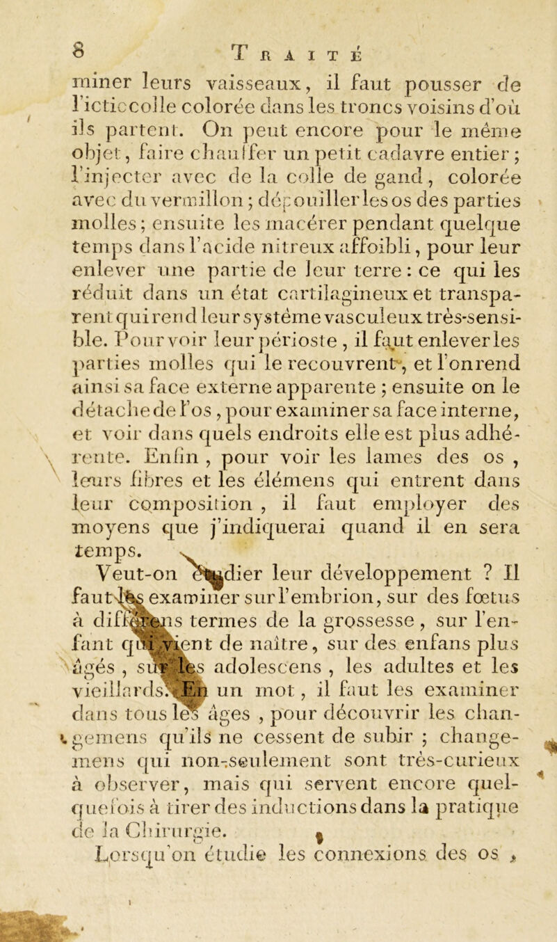 rainer leurs vaisseaux, il faut pousser de ricticcoile colorée dans les troncs voisins d’où ils parteiîi. On peut encore pour le même objet, faire cbaulfer un petit cadavre entier ; rinjecter avec de la colle de gaiid, colorée avec du vermillon ; dépouiller les os des parties molles ; ensuite les macérer pendant quelque temps dans l’acide nitreux affoibli, pour leur enlever une partie de leur terre: ce qui les réduit dans un état cartilagineux et transpa- rent qui rend leur système vasculeux très-sensi- ble. Pourvoir leur périoste , il farit enlever les parties molles qui le recouvrent^, etl’onrend ainsisaface externe apparente ; ensuite on le détacîie de f os , pour examiner sa face interne, et voir dans quels endroits elle est plus adhé- rente. Eniin , pour voir les lames des os , leurs fibres et les élérnens qui entrent dans leur composition , il hiut employer des moyens que j’indiquerai quand il en sera temps. ^ Veut-on é^dier leur développement ? Il fautsl^examiner surrembrion, sur des fœtus à difï^^ns termes de la grossesse, sur fen- fant q^ vijent de naître, sur des enfans plus I.S adolescens , les adultes et les vieillardsf^^Eç un mot, il faut les examiner dans tousl^^ âges , pour découvrir les cliaii- ^.gemens qu’ils ne cessent de subir ; change- niens qui non-seulement sont très-curieux à observer, mais qui servent encore quel- quefois à tirer des inductionsdans la pratique la Cliirurgie. | Lorsqu’on étudie les connexions des os > de