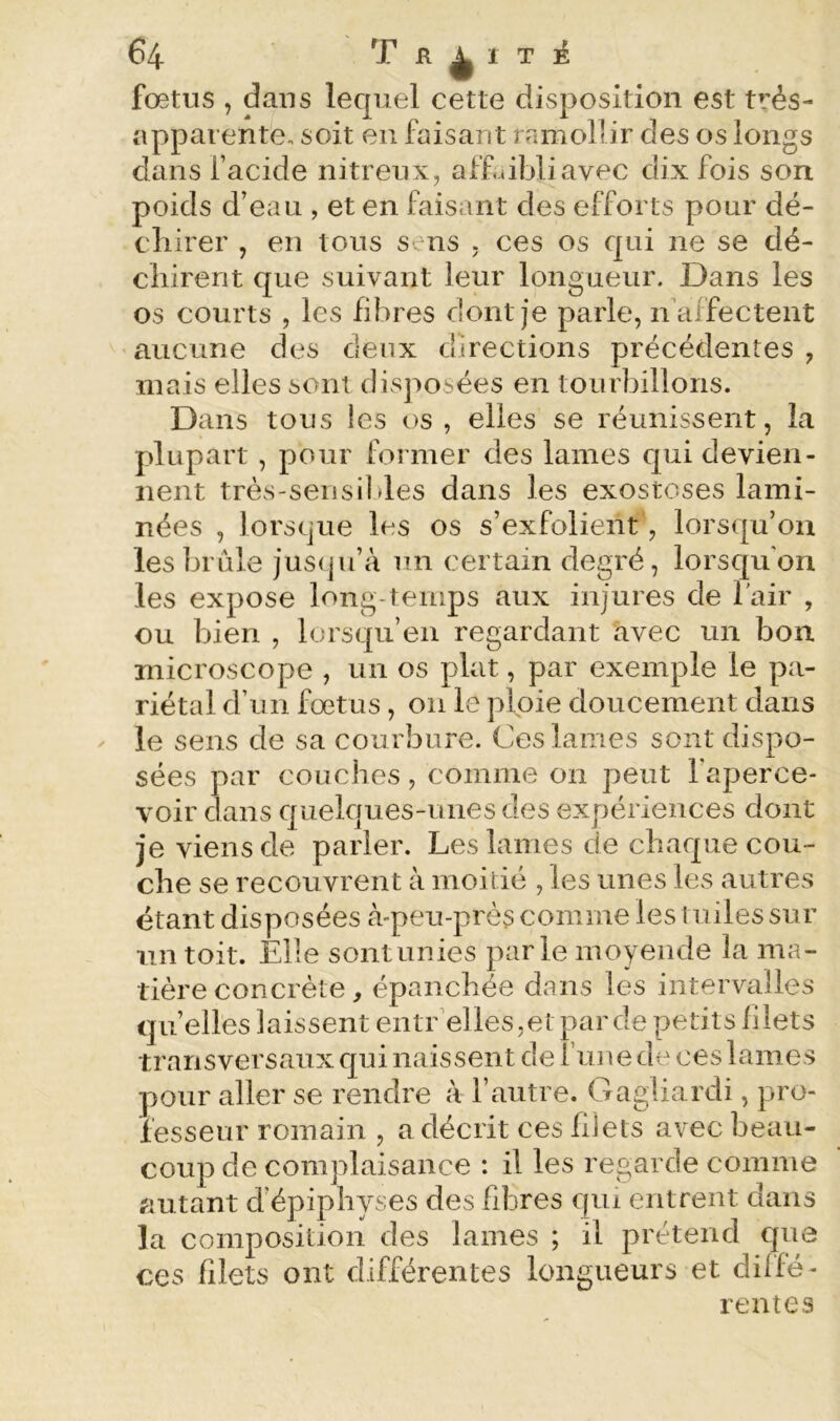 foetus , dans lecpiel cette disposition est très- apparente, soit en faisant ramollir des os longs dans l’acide nitreux, aff iibliavec dix fois son. poids d’eau , et en faisant des efforts pour dé- cliirer , en tous sens . ces os qui ne se dé- chirent que suivant leur longueur. Dans les os courts , les fibres dont je parle, n affectent aucune des deux directions précédentes , mais elles sont disposées en tourbillons. Dans tous les os, elles se réunissent, la plupart, pour former des lames qui devien- nent très-sens il des dans les exostoses lami- nées , lorscjue les os s’exfolient, lorsqu’on les brûle jusqu’à un certain degré, lorsqu'on les expose long-temps aux injures de l'air , ou bien , lorsqii’en regardant avec un bon microscope , un os plat, par exemple le pa- riétal d’un fœtus, on le ploie doucement dans le sens de sa courbure. Ces lames sont dispo- sées par couches, comme on peut l'aperce- voir dans quelques-unes des expériences dont je viens de parier. Les lames de chaque cou- che se recouvrent à moitié , les unes les autres étant disposées à-peu-près comme les tuiles sur un toit. Elle sont unies parle moyeiide la ma- tière concrète , épanchée dans les intervalles quelles laissent entr’elies,et parole petits blets transversaux qui naissent de f une de ces lames pour aller se rendre à- l’autre. Gagliardi, pro- fesseur romain , a décrit ces filets avec beau- coup de complaisance : il les regarde comme autant d’épiphyses des bbres qui entrent dans la composition des lames ; il prétend que ces Filets ont différentes longueurs et diffé- rentes