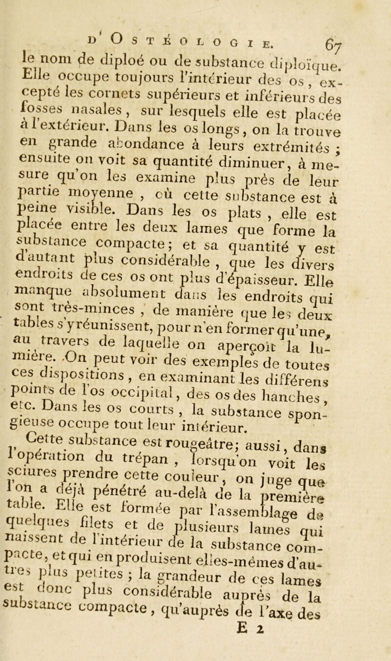 ^ nom de diploé ou de substance diploïque. Elle occupe toujours l’intérieur des os .ex- cepté les cornets supérieurs et inférieurs des fosses nasales , sur lesquels elle est placée à 1 extérieur. Dans les os longs, on la trouve en grande abondance à leurs extrémités ; ensuite on voit sa quantité diminuer, à me- sure qu’on les examine plus près de leur partie moyenne , cù cette substance est à peine visible. Dans les os plats , elle est placée entre les deux lames que forme la substance compacte; et sa quantité y est d auta nt plus considérable , que les divers endroits de ces os ont plus d’épaisseur. Elle manque absolument dans les endroits qui sont très-minces , de manière que les deux tables s y réunissent, pour n’en former qu’une au travers de laquelle on aperçoit la lu- mière. .On peut voir des exemples de toutes ces dispositions, en examinant les différens points de 1 os occipital, des os des hanches , e.c. Dans les os courts , la substance spon- gieiise occupe tout leur imërieur. opéiation du trépan , lorsqu’on voit les sciures prendre cette couleur, on juge que table. Elle est formée par l’assemblage de que qiies hlets et de plusieurs lames qui naissent de 1 intérieur de la substance cofn- pacte, etqui en produisent elles-mêmes d’au- les puis petites ; la grandeur de ces lames c.onc plus considérable auprès de la substance compacte, qu’auprès Je l’axe des