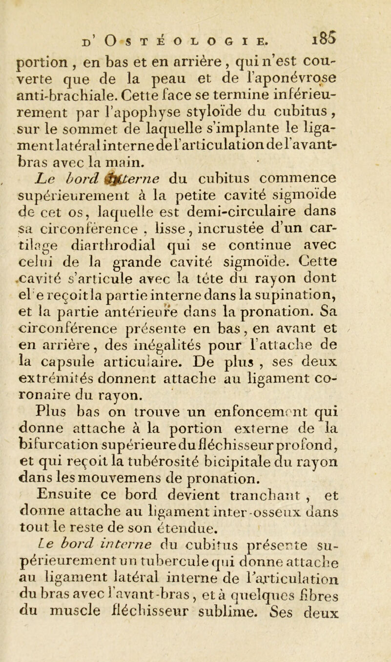 portion , en bas et en arrière , qui n’est cou- verte que de la peau et de l’aponévrose anti'brachiale. Cette face se termine inférieu- rement par l’apophyse styloïde du cubitus, sur le sommet de laquelle s’implante le liga- ment latéral interne del’articulation de l’avant- bras avec la main. Le bord 0^enie du cubitus commence supérieurement à la petite cavité sigmoïde de cet os, laquelle est demi-circulaire dans sa circonférence , lisse, incrustée d’un car- tilage diarthrodial qui se continue avec celui de la grande cavité sigmoïde. Cette .cavité s’articule avec la tète du rayon dont el e reçoit la partie interne dans la supination, et la partie antérieure dans la pronation. Sa circonférence présente en bas, en avant et en arriére, des inégalités pour l’attache de la capsule articulaire. De plus , ses deux extrémités donnent attache au ligament co- ronaire du rayon. Plus bas on trouve un enfoncement C|ui donne attache à la portion externe de la bifurcation supérieure du fléchisseur profond, et qui reçoit la tubérosité bicipitale du rayon dans lesmouvemens de pronation. Ensuite ce bord devient tranchant , et donne attache au ligament inter-osseux dans tout le reste de son étendue. Le bord interne du cubitus présente su- périeurement un tubercule qui donne attache au ligament latéral interne de rarticulation du bras avec l’avant-bras, et à quelques libres du muscle fléchisseur sublime. Ses deux