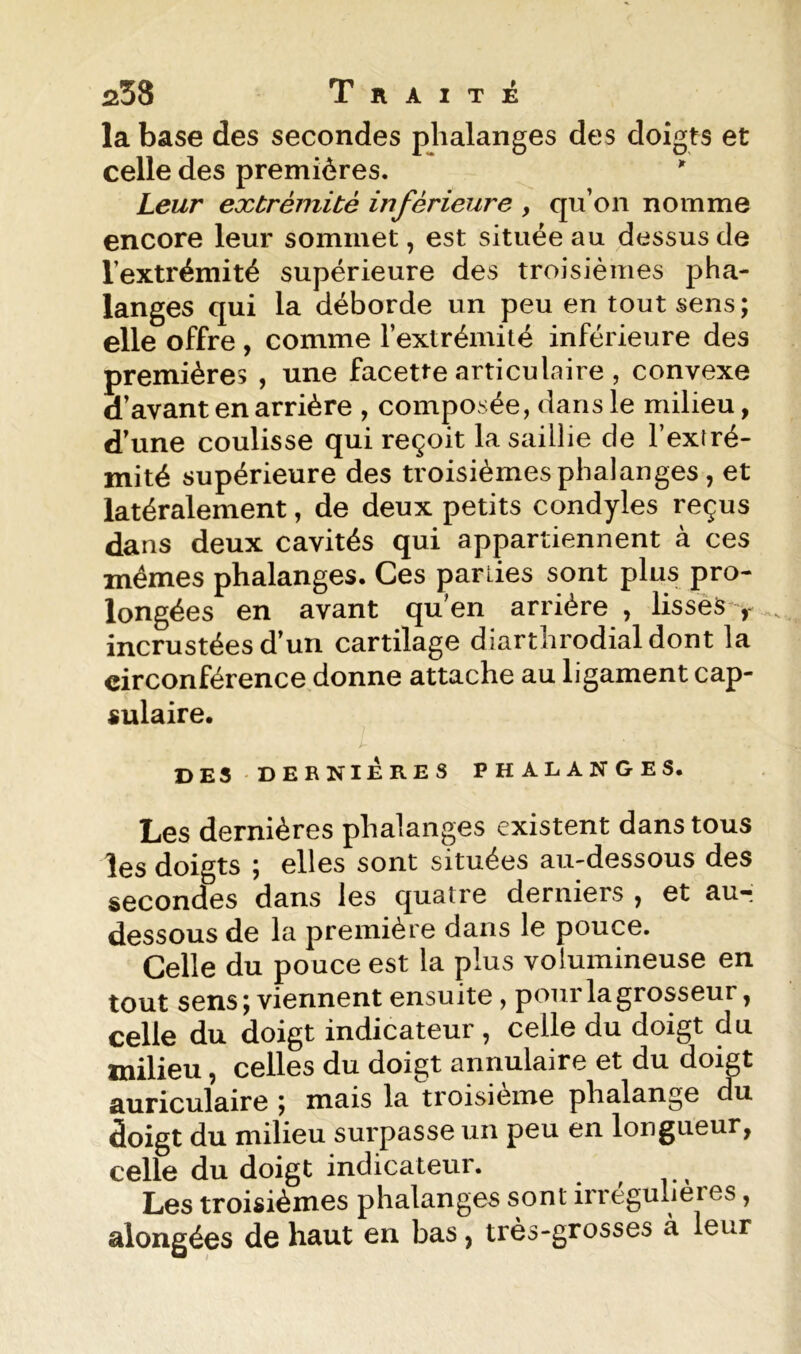 la base des secondes phalanges des doigts et celle des premières. Leur extrémité inférieure , qu’on nomme encore leur sommet, est située au dessus de l’extrémité supérieure des troisièmes pha- langes qui la déborde un peu en tout sens; elle offre , comme l’extrémilé inférieure des premières , une facette articulaire , convexe d’avant en arrière , composée, dans le milieu, d’une coulisse qui reçoit la saillie de l’extré- mité supérieure des troisièmes phalanges, et latéralement, de deux petits condyles reçus dans deux cavités qui appartiennent à ces mêmes phalanges. Ces parties sont plus pro- longées en avant quen arrière , lissèS incrustées d’un cartilage diarthrodialdont la circonférence donne attache au ligament cap- sulaire. DES DERNIERES PHALANGES. Les dernières phalanges existent dans tous les doigts ; elles sont situées au-dessous des secondes dans les quatre derniers ^ et au- dessous de la première dans le pouce. Celle du pouce est la plus volumineuse en tout sens ; viennent ensuite, pour la grosseur, celle du doigt indicateur , celle du doigt du jjiilieu ) celles du doigt annulaire et du domt auriculaire ; mais la troisième phalange du doigt du milieu surpasse un peu en longueur, celle du doigt indicateur. ^ Les troisièmes phalanges sont irreguheres, alongées de haut en bas, très-grosses à leur