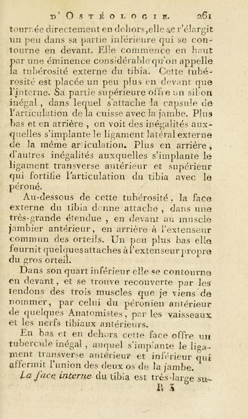 tournée directement en dehors,elle r’élargit un peu dans sa partie inférieure qui se con- tourne en devant. Elle commence en haut f)ar une éminence considérahle quon appelle a tubérosité externe du tibia. Cette tubé- rosité est placée un peu plus en devant que l’iiiterne. Sa partie supérieure oiTre un sifon inégal , dans lecuiel s’attaclie la caî3snle de rarticuiation delà cuisse avec la ïambe. Plus bas et en arrière , on voit des inégalités aux- fp.ielies s’implante le ligament latéral externe de la meme ardculation. Pins en arriére, d’autres inégalités auxquelles s’implante le ligament transverse antérieur et supérieur qui fortifie rarticuiation du tibia avec le péroné. Au-dessous de cette tubérosité , la face externe du tibia donne attache , dans une très-grande étendue , en devant au muscle jambier antérieur, en arrière à rextenseur commun des orteils. Un peu plus bas elle fournit quelque^ attaches à l’extenseur pronre du gros orteil. ^ Dans son quart inférieur elle se contourne eu devant, et se trouve recouverte par les tendons des trois muscles que je viens de nommer, par celui du péronieii anîérieur de quelques Anatomistes, par les vaisseaux et les nerfs tibiaux antérieurs. En bas et en dehors., cette face offre uu tubercule inégal , auquel s’impUiute le liga- ment transverse antérieur et inférieur mu affermit Funion des deux os de la jambe. l-Cl J CIC iiitcriLG^ QLi tibia est tres-laree su.“- R 5 