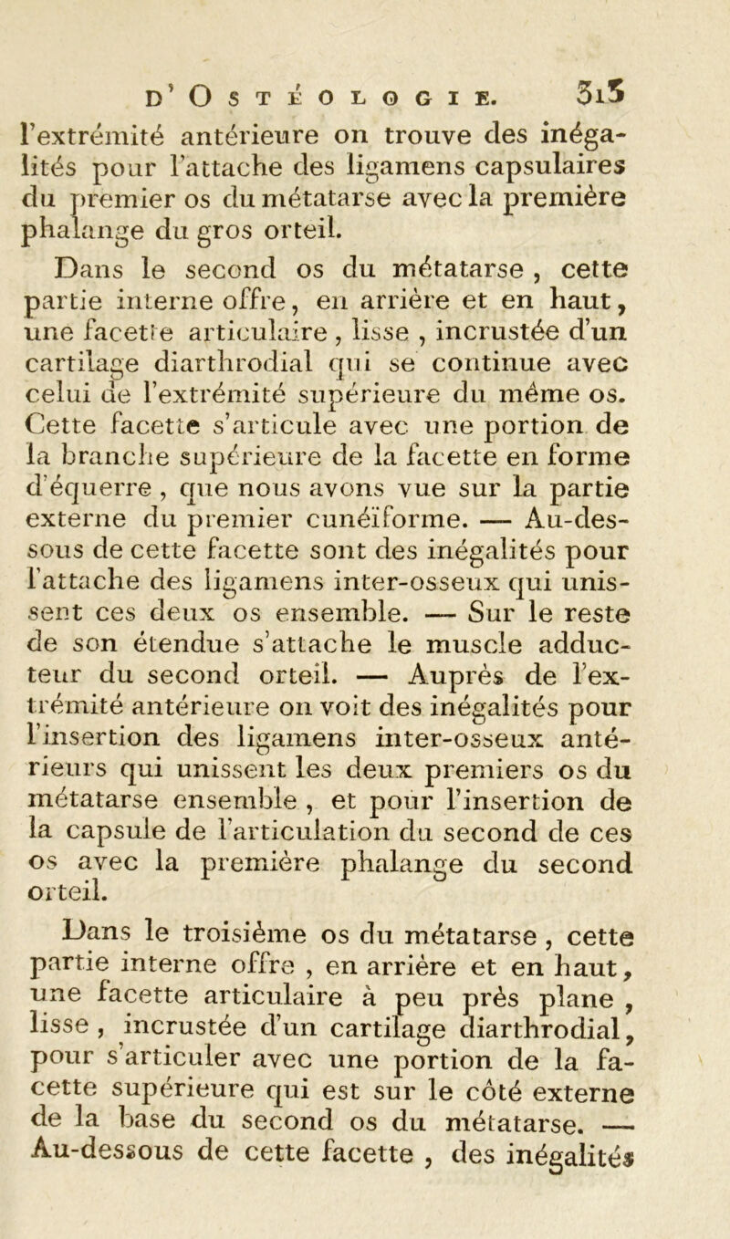 l’extrémité antérieure on trouve des inéga- lités pour l’attache des ligamens capsulaires du premier os du métatarse avec la première phalange du gros orteil. Dans le second os du métatarse , cette partie interne offre, en arrière et en haut, une facette articulaire , lisse , incrustée d’un cartilage diarthrodial qui se continue avec celui de l’extrémité supérieure du même os. Cette facette s’articule avec une portion de la branche supérieure de la facette en forme d’équerre , que nous avons vue sur la partie externe du premier cunéiforme. — Au-des- sous de cette facette sont des inégalités pour rattache des ligamens inter-osseux qui unis- sent ces deux os ensemble. — Sur le reste de son étendue s’attache le muscle adduc- teur du second orteil. — Auprès de l’ex- trémité antérieure on voit des inégalités pour l’insertion des ligamens inter-osseux anté- rieurs qui unissent les deux premiers os du métatarse ensemble , et pour l’insertion de la capsule de l’articulation du second de ces os avec la première phalange du second orteil. Dans le troisième os du métatarse, cette partie interne offre , en arriére et en haut, une facette articulaire à peu près plane , lisse , incrustée d’un cartilage diarthrodial, pour s’articuler avec une portion de la fa- cette supérieure qui est sur le côté externe de la base du second os du métatarse. — Au-dessous de cette facette , des inégalités