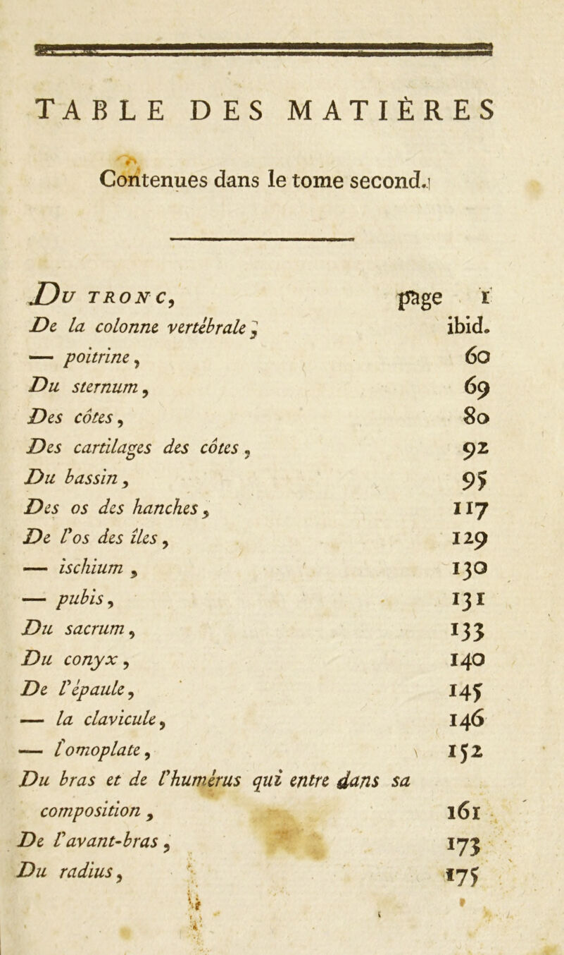 TABLE DES MATIÈRES Caritenues dans le tome second.! JDu TRONC, page ï De, la colonne vertébrale ^ ibid. — poitrine. 6o Du sternum. 69 Des côtes, 80 Des cartilages des côtes, 92 Du bassin. 95 Des os des hanches, 117 De Vos des îles, 129 ischium , 130 — pubis. 131 Du sacrum. 13? Du conyx, 140 De Vépaule. 145 — la clavicule. 146 — [omoplate. \ 1J2 Du bras et de Vhumérus qui entre d<tns sa composition , 161 De Vavant-bras, ^ 175 Du radius, *75 U » T >