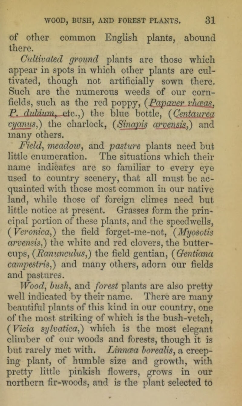 of Other common English plants, abound there. Cultivated ground plants are those which appear in spots in which other plants are cul- tivated, though not artificially sown there. Such are the numerous weeds of our corn- fields, such as the red poppy, (Papaner rhma!^, Ej,.j}idnumj .etc.,) the blue bottle, (Centaiirea cmnus,) the chaidock, (Sinavis ar^snsis.,) and many others. Field, meadow, and pasture plants need but little enumeration. The situations which their name indicates are so familiar to every eye used to country scenery, that all must be ac- quainted with those most common in our native land, while those of foreign climes need but little notice at present. Grasses form the prin- cipal portion of these plants, and the speedwells, {^Veronica,') the field forget-me-not, {Myosotis arvensis,) tlie white and red clovers, the butter- cups, (^Ranunculus,) the field gentian, (^Gentiana canpestris,) and many others, adorn our fields and pastures. Wood, bush, and forest plants are also pretty well indicated by their name. There are many beautiful plants of this kind in our country, one of the most striking of which is the bush-vetch, (Vida sylvatica,) which is the most elegant climber of our woods and forests, though it is but rarely met with. Linncea borealis, a creep- ing plant, of humble size and growth, with pretty little pinkish flowers, grows in our northern fir-woods, and is the plant selected to