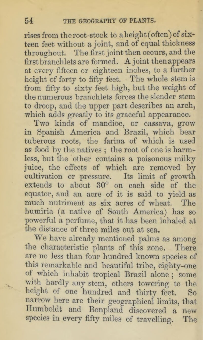 rises from the root-stock to aheight(often) of six- teen feet without a joint, and of equal thickness throughout. The first joint then occurs, and the firstbranchlets are formed. A joint thenappears at ever)’’ fifteen or eighteen inches, to a further height of forty to fifty feet. The whole stem is from fifty to sixty feet high, but the weight of the numerous branchlets forces the slender stem to droop, and the upper part describes an arch, which adds greatly to its graceful appearance. Two kinds of mandioc, or cassava, grow in Spanish America and Brazil, which bear tuberous roots, the farina of which is used as food by the natives ; the root of one is harm- less, but the other contains a poisonous milky juice, the efiects of which are removed by cultivation or pressure. Its limit of growth extends to about 30° on each side of the equator, and an acre of it is said to yield as much nutriment as six acres of wheat. The humiria (a native of South America) has so powerful a perfume, that it has been inhaled at the distance of three miles out at sea. We h ave already mentioned palms as among the characteristic plants of this zone. There are no less than four hundred known species of this remarkable and beautiful tribe, eighty-one of which inh.abit tropical Brazil alone; some with hardly any stem, others towering to the height of one hundred and thirty feet. So narrow here arc their geographical limits, that Humboldt and Bonpland discovered a new species in every fifty miles of travelling. The