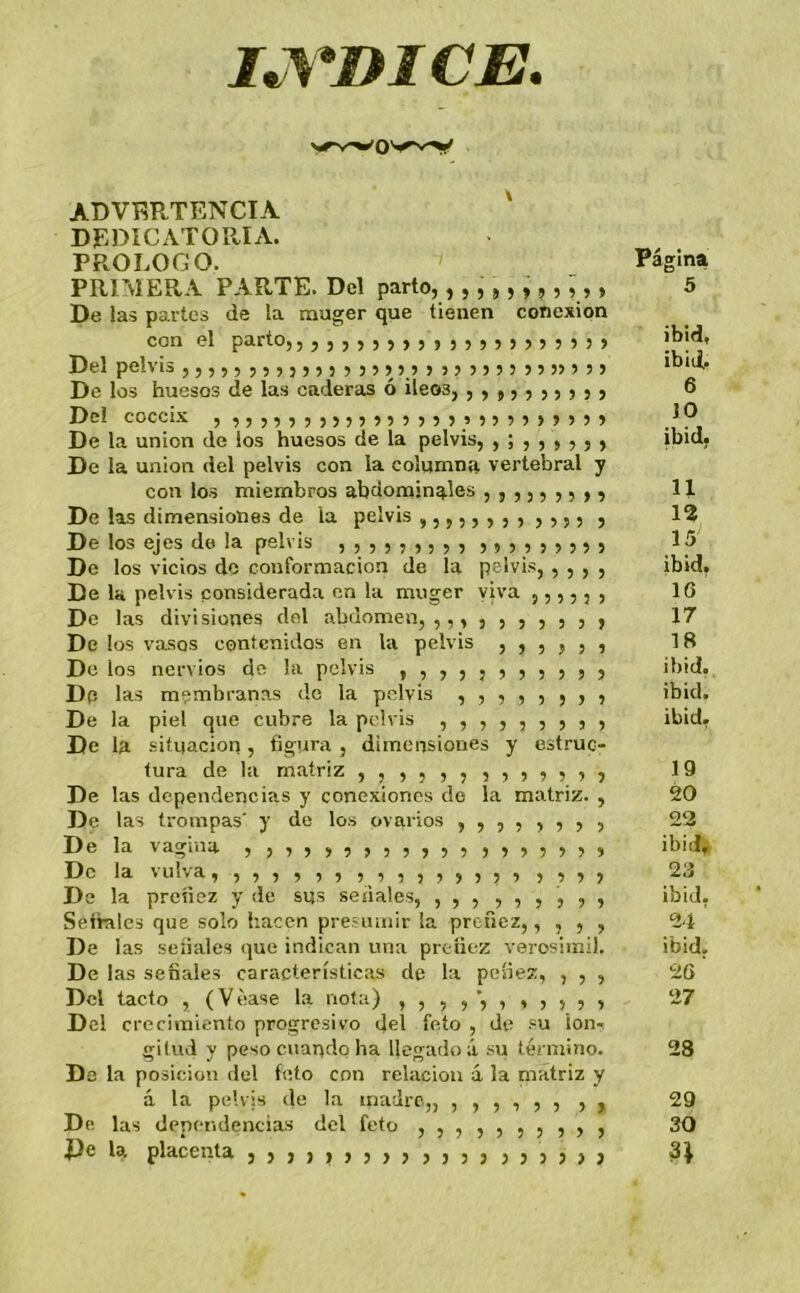 ADVERTENCIA DEDíCATOIlIA. PROLOGO. PRIMERA PARTE. Del parto,,,,,,,,,,,, De las partes de la rauger que tienen conexión con el parto,,5,,)5))553)5?)j55))) Del pelvis 5, ,,,33,533)535)33 533533)53 J3 55) De los huesos de las caderas ó Íleos, ,,,,,,,,,, De! cóccix , ,,,,,,,,,,,,3,,,,,,,,,,,,, De la unión de los huesos de la pelvis, De la unión del pelvis con la columna vertebral y con los miembros abdominales , , ,,, ,, 3 , De las dimensiones de la pelvis ,,3,3)3,5335 3 De los ejes de la pelvis 3,,55)35, 5333533)) De los vicios do conformación de la pelvis, , , , , De la pelvis considerada en la muger viva ,,,,,, De las divisiones del abdomen, ,,,,,,,,,, De los vasos contenidos en la pelvis ,,,,,, D c los nervios de la pelvis ,,,,,,,,,,, Dp las membranas de la pelvis ,3333535 De la piel que cubre la pelvis ,,,,,,,,, De la situación, figura , dimensiones y estruc- tura de la matriz 333333)33333) De las dependencias y conexiones de la matriz. De De De De las trompas' y do los ovarios ,,,,,,,, la vagina la vil 3 )33)3335))3 3)35333 3 3 3 3 5 3 3 3 3 3 3 3 3 ' 3 3 3 3 3 3 3 3 3 3 3 3 3 3 3 3 la pretiez y de sus sedales, Seimles que solo hacen preíiunir la preñez,, , , , De las señales que indican una preñez verosiinil. De las señales características de la peíiez, , , , Del tacto , (Vease la nota) Del crecimiento progresivo del feto , de su lonr gitud y peso cuando ha llegado á su término. De la posición del feto con relación á ¡a matriz y á la pelvis de la madre,, ,,,,,, , , De las dependencias dcl feto ,,,,,,,,,, De I5. placenta 33333)3333335353555 Página 5 ibid, ibiti. 6 JO ibid, 11 12 15 ibid. IG 17 18 ibid. ibid. ibid, 19 20 22 ibi(L 23 ibid, 24 ' ibid, 26 27 28 29 30