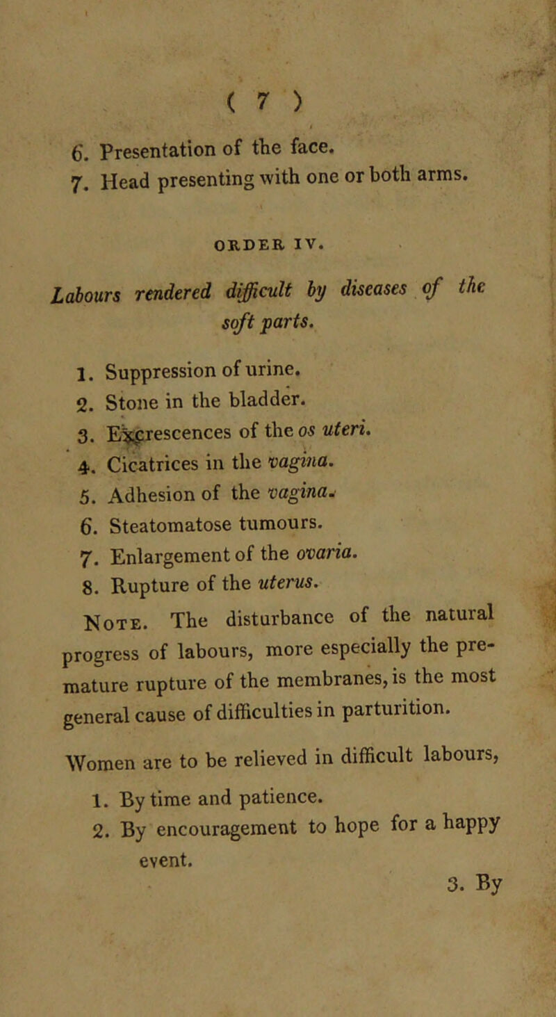 ( 7 ) 6. Presentation of the face. 7, Head presenting with one or both arms. ORDER IV. Labours rendered difficult by diseases of the soft parts. 1. Suppression of urine. 2. Stone in the bladder. 3. E^;prescences of the os uteri. 4. Cicatrices in the mgina. 5. Adhesion of the vagina.^ 6. Steatomatose tumours. 7. Enlargement of the ovaria. 8. Rupture of the uterus. Note. The disturbance of the natural progress of labours, more especially the pre- mature rupture of the membranes, is the most general cause of difficulties in parturition. Women are to be relieved in difficult labours, 1. By time and patience. 2. By encouragement to hope for a happy event, 3. By