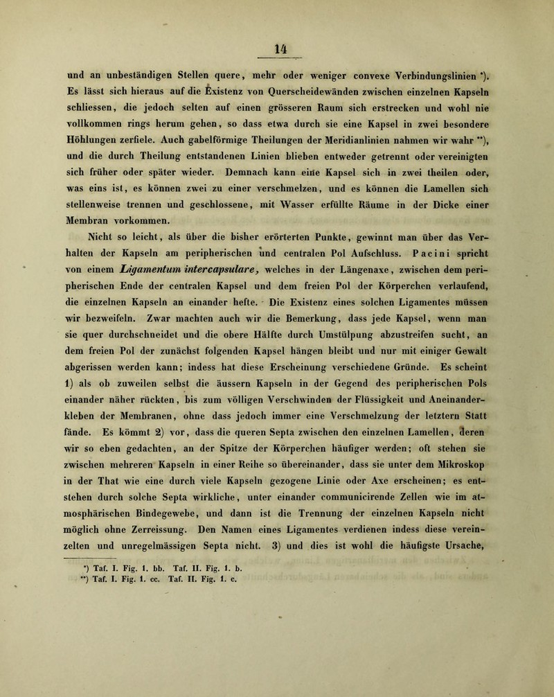 und an unbeständigen Stellen quere, mehr oder weniger convexe Verbindungslinien *). Es lässt sich hieraus auf die ^Ixistenz von Querscheidewänden zwischen einzelnen Kapseln schliessen, die jedoch selten auf einen grösseren Raum sich erstrecken und wohl nie vollkommen rings herum gehen, so dass etwa durch sie eine Kapsel in zwei besondere Höhlungen zerfiele. Auch gabelförmige Theilungen der Meridianlinien nahmen wir wahr **), und die durch Theilung entstandenen Linien blieben entweder getrennt oder vereinigten sich früher oder später wieder. Demnach kann eine Kapsel sich in zwei theilen oder, was eins ist, es können zwei zu einer verschmelzen, und es können die Lamellen sich stellenweise trennen und geschlossene, mit Wasser erfüllte Räume in der Dicke einer Membran verkommen. Nicht so leicht, als über die bisher erörterten Punkte, gewinnt man über das Ver- halten der Kapseln am peripherischen und centralen Pol Aufschluss. Pacini spricht von einem Ligamentum intercapsulare, welches in der Längenaxe, zwischen dem peri- pherischen Ende der centralen Kapsel und dem freien Pol der Körperchen verlaufend, die einzelnen Kapseln an einander hefte. ' Die Existenz eines solchen Ligamentes müssen wir bezweifeln. Zwar machten auch wir die Bemerkung, dass jede Kapsel, wenn man sie quer durchschneidet und die obere Hälfte durch Umstülpung abzustreifen sucht, an dem freien Pol der zunächst folgenden Kapsel hängen bleiht und nur mit einiger Gewalt abgerissen werden kann; indess hat diese Erscheinung verschiedene Gründe. Es scheint 1) als oh zuweilen selbst die äussern Kapseln in der Gegend des peripherischen Pols einander näher rückten, his zum völligen Verschwinden der Flüssigkeit und Aneinander- kleben der Membranen, ohne dass jedoch immer eine Verschmelzung der letztem Statt fände. Es kömmt 2) vor, dass die queren Septa zwischen den einzelnen Lamellen, deren wir so eben gedachten, an der Spitze der Körperchen häufiger werden; oft stehen sie zwischen mehreren Kapseln in einer Reihe so übereinander, dass sie unter dem Mikroskop in der That wie eine durch viele Kapseln gezogene Linie oder Axe erscheinen; es ent- stehen durch solche Septa wirkliche, unter einander communicirende Zellen wie im at- mosphärischen Bindegewebe, und dann ist die Trennung der einzelnen Kapseln nicht möglich ohne Zerreissung. Den Namen eines Ligamentes verdienen indess diese verein- zelten und unregelmässigen Septa nicht. 3) und dies ist wohl die häufigste Ursache, ) Taf. I. Fig. 1. bb. Taf. II. Fig. 1. b. *’) Taf. I. Fig. 1. cc. Taf. II. Fig. 1. c.