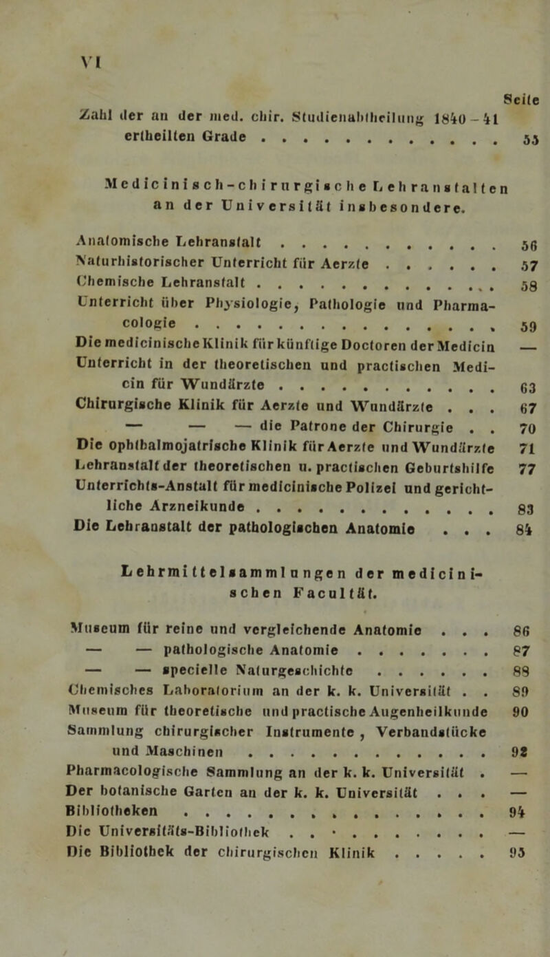 Zahl tler an der med. chir. Studienabteilung 1840-41 Medicinisch-chirnrgische Lehranstalten an der Universität insbesondere. Anatomische Lehranstalt Naturhistorischer Unterricht für Aerzte .57 Chemische Lehranstalt 53 Unterricht über Physiologie, Pathologie und Pharma- cologie Die medicinischeKlinik für künftige Doctoren derMedicin Unterricht in der theoretischen nnd practischen Medi- cin für Wundärzte Chirurgische Klinik für Aerzte und Wundärzte ... 67 — — — die Patrone der Chirurgie . . 70 Die ophlhalmojatrische Klinik für Aerzte und Wundärzte 71 Lehranstalt der theoretischen u. practischen Geburtshilfe 77 Unterrichts-Anstalt für medicinische Polizei und gericht- liche Arzneikunde Die Lehranstalt der pathologischen Anatomie ... 84 Lehrmittelsammlungen der medicini- schen Facultät. Museum für reine und vergleichende Anatomie ... 86 — — pathologische Anatomie 87 — — specielle Naturgeschichte 88 Chemisches Laboratorium an der k. k. Universität . . S!) Museum für theoretische und practische Augenheilkunde 90 Sammlung chirurgischer Instrumente , Verbandslücke und Maschinen 98 Pharmacologische Sammlung an der k. k. Universität . — Der botanische Garten an der k. k. Universität ... — Bibliotheken 94 Die Universitäts-Bibliothek . . • — Die Bibliothek der chirurgischen Klinik 93