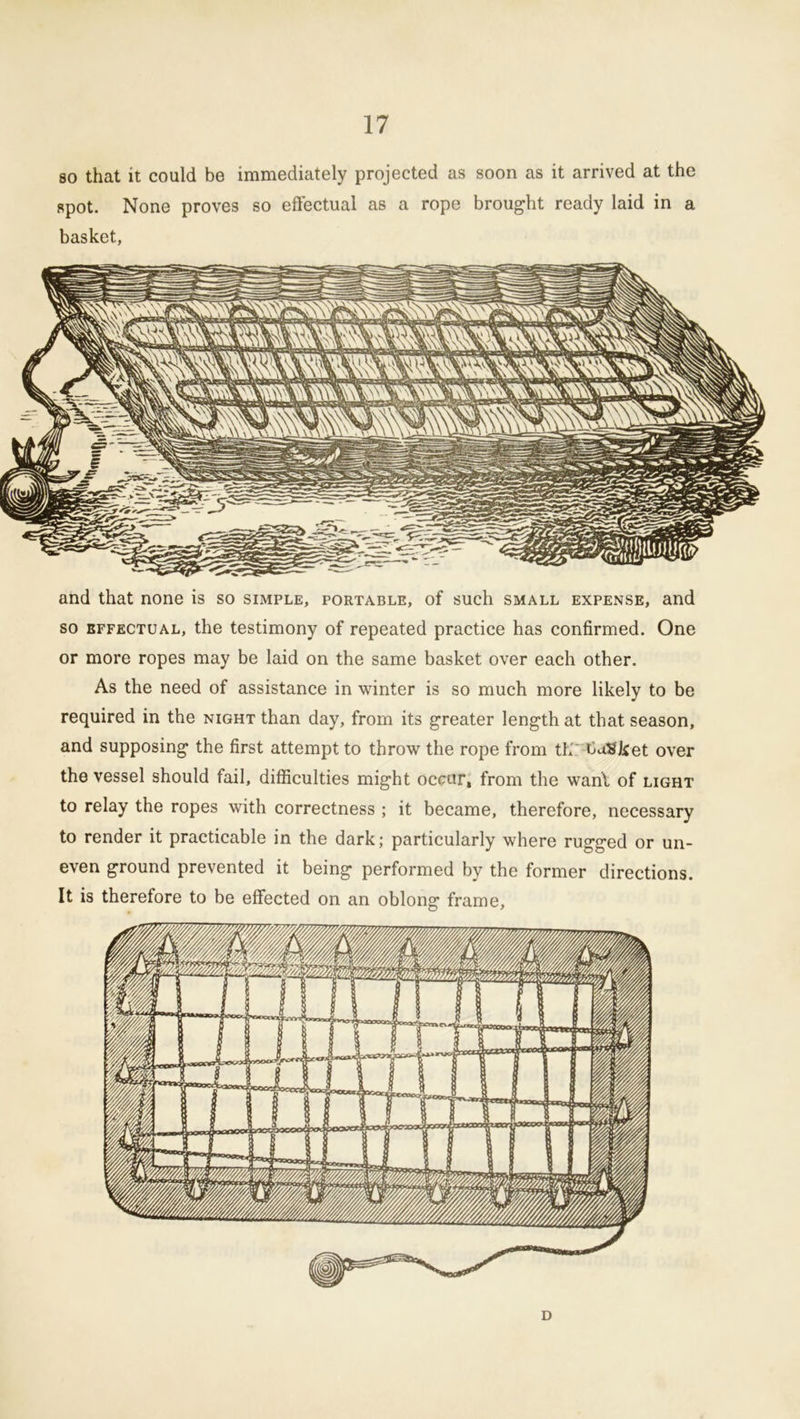 so that it could be immediately projected as soon as it arrived at the spot. None proves so effectual as a rope brought ready laid in a basket, and that none is so simple, portable, of such small expense, and so effectual, the testimony of repeated practice has confirmed. One or more ropes may be laid on the same basket over each other. As the need of assistance in winter is so much more likely to be required in the night than day, from its greater length at that season, and supposing the first attempt to throw the rope from th basket over the vessel should fail, difficulties might occur, from the want of light to relay the ropes with correctness ; it became, therefore, necessary to render it practicable in the dark; particularly where rugged or un- even ground prevented it being performed by the former directions. It is therefore to be effected on an oblong frame. D