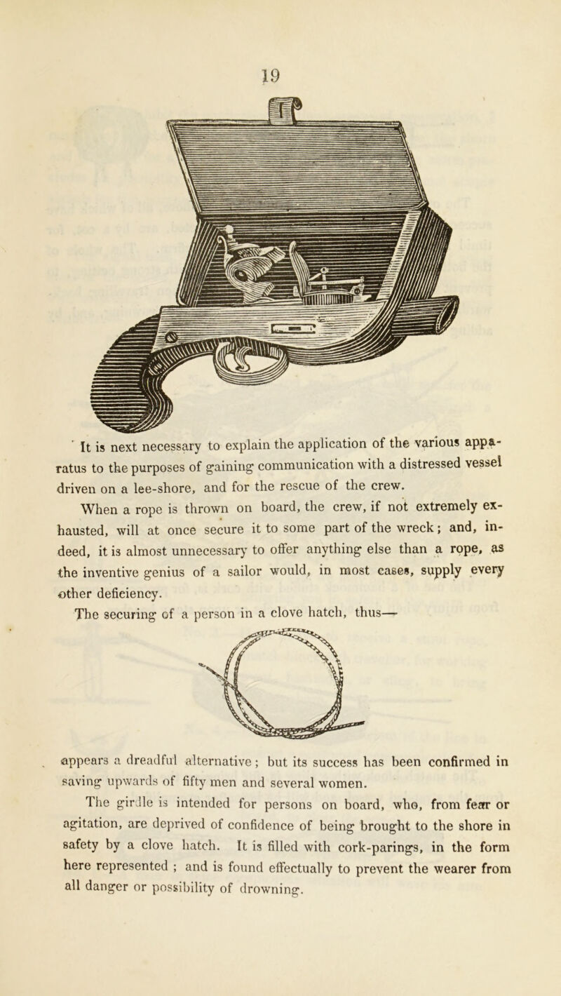 r It is next necessary to explain the application of the various appa- ratus to the purposes of gaining communication with a distressed vessel driven on a lee-shore, and for the rescue of the crew. When a rope is thrown on board, the crew, if not extremely ex- hausted, will at once secure it to some part of the wreck; and, in- deed, it is almost unnecessary to offer anything else than a rope, as the inventive genius of a sailor would, in most cases, supply every other deficiency. The securing of a person in a clove hatch, thus—- appears a dreadful alternative; but its success has been confirmed in saving upwards of fifty men and several women. The girdle is intended for persons on board, who, from fear or agitation, are deprived of confidence of being brought to the shore in safety by a clove hatch. It is filled with cork-parings, in the form here represented ; and is found effectually to prevent the wearer from all danger or possibility of drowning.