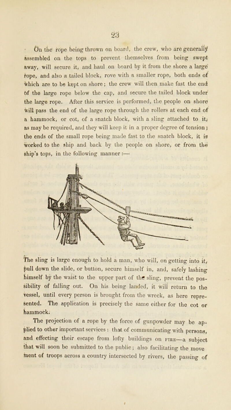 On the rope being thrown on board, the crew, who are generally* assembled on the tops to prevent themselves from being swept away, will secure it, and haul on board by it from the shore a large tope, and also a tailed block, rove with a smaller rope, both ends of Which are to be kept on shore; the crew will then make fast the end 6f the large rope below the cap, and secure the tailed block under the large rope. After this service is performed, the people on shore Will pass the end of the large rope through the rollers at each end of a hammock, or cot, of a snatch block, with a sling attached to it, as may be required, and they will keep it in a proper degree of tension j the ends of the small rope being made fast to the snatch block, it is worked to the ship and back by the people on shore, or from the ship’s tops, in the following manner :— The sling is large enough to hold a man, who will, on getting into ity pull down the slide, or button, secure himself in, and, safely lashing himself by the waist to the upper part of the sling, prevent the pos- sibility of falling out. On his being landed, it will return to the vessel, until every person is brought from the wreck, as here repre- sented. The application is precisely the same either for the cot or hammock, The projection of a rope by the force of gunpowder may be ap- plied to other important services : that of communicating with persons, and effecting their escape from lofty buildings on fire—a subject that will soon be submitted to the public; also facilitating the move ment of troops across a country intersected by rivers, the passing of