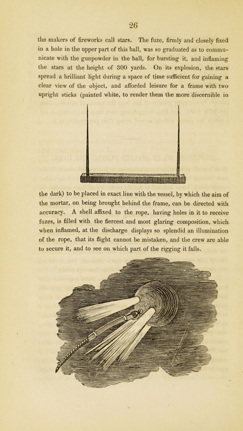 2 6 the makers of fireworks call stars. The fuze, firmly and closely fixed in a hole in the upper part of this ball, was so graduated as to commu- nicate with the gunpowder in the ball, for bursting it, and inflaming the stars at the height of 300 yards. On its explosion, the stars spread a brilliant light during a space of time sufficient for gaining a clear view of the object, and afforded leisure for a frame with two upright sticks (painted white, to render them the more discernible in the dark) to be placed in exact line with the vessel, by which the aim of the mortar, on being brought behind the frame, can be directed with accuracy. A shell affixed to the rope, having holes in it to receive fuzes, is filled with the fiercest and most glaring composition, which when inflamed, at the discharge displays so splendid an illumination of the rope, that its flight cannot be mistaken, and the crew are able to secure it, and to see on which part of the rigging it falls.
