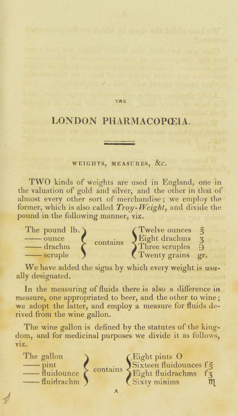 . TAL LONDON PHARMACOPQIA. WEIGHTS, MEASURES, &amp;c. TWO kinds of weights are used in England, one in the valuation of gold and silver, and the other in that of almost every other sort of merchandise; we employ the former, which is also called Troy-Weight, and divide the pound in the following manner, viz. The pound lb. Twelve ounces % ounce ci Hight drachms 3 — drachm po ehcp Three scruples 5 | — scruple Twenty grains gr. We have added the signs by which every weight is usu- ally designated. In the measuring of fluids there is also a difference in me ape th appropriated to beer, and the other to wine ; we ado e latter, and employ a measure for fluids de- rived fr ne wine gallon. The wine gallon is defined by the statutes of the king- dom, and for medicinal purposes we divide it as follows, VIZ. The gallon Eight pints oF int contains J Jxteen fluidounces f% ——fluidounce ¢ ©  )ight fluidrachms f3 —— fluidrachm Sixty minims m A