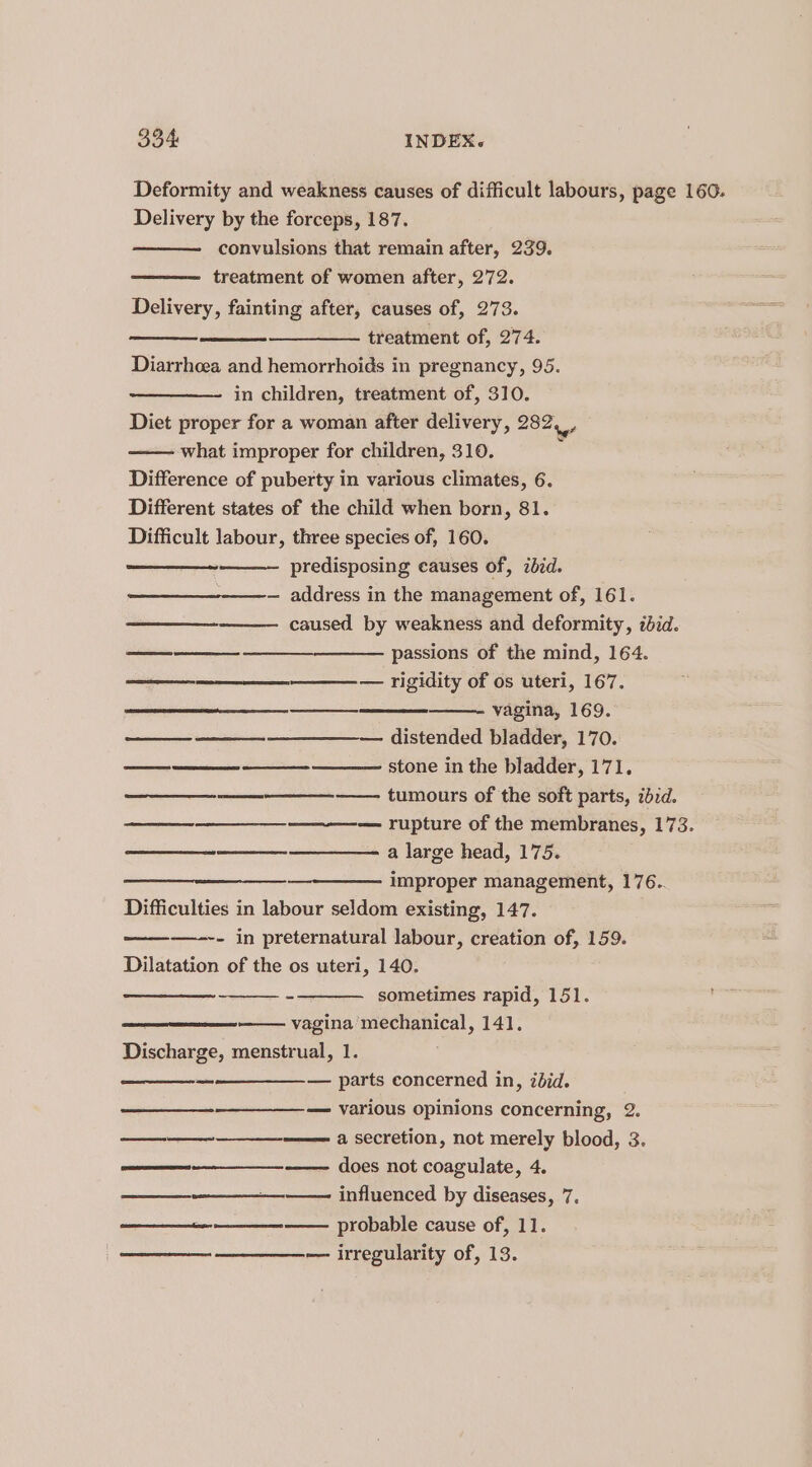 Deformity and weakness causes of difficult labours, page 160. Delivery by the forceps, 187. convulsions that remain after, 239. treatment of women after, 272. Delivery, fainting after, causes of, 273. treatment of, 274. Diarrhoea and hemorrhoids in pregnancy, 95. in children, treatment of, 310. Diet proper for a woman after delivery, 282. what improper for children, 310. Difference of puberty in various climates, 6. Different states of the child when born, 81. Difficult labour, three species of, 160. predisposing causes of, ibid. — address in the management of, 161. caused by weakness and deformity, ibid. passions of the mind, 164. — rigidity of os uteri, 167. —$—$——$—_$$ ________ vagina, 169. — ——___ —_—_—_ distended bladder, 170. ee stone in the bladder, 171. —————-———- tumours of the soft parts, ibid. — rupture of the membranes, 173. —_—__—_—_—_——- a large head, 175. improper management, 176.. Difficulties in labour seldom existing, 147. —--- in preternatural labour, creation of, 159. Dilatation of the os uteri, 140. sometimes rapid, 151. vagina mechanical, 141, Discharge, menstrual, 1. ——______— parts concerned in, idid. — various opinions concerning, 2. a secretion, not merely blood, 3. does not coagulate, 4. influenced by diseases, 7. probable cause of, 11. — irregularity of, 13. ens Se eee