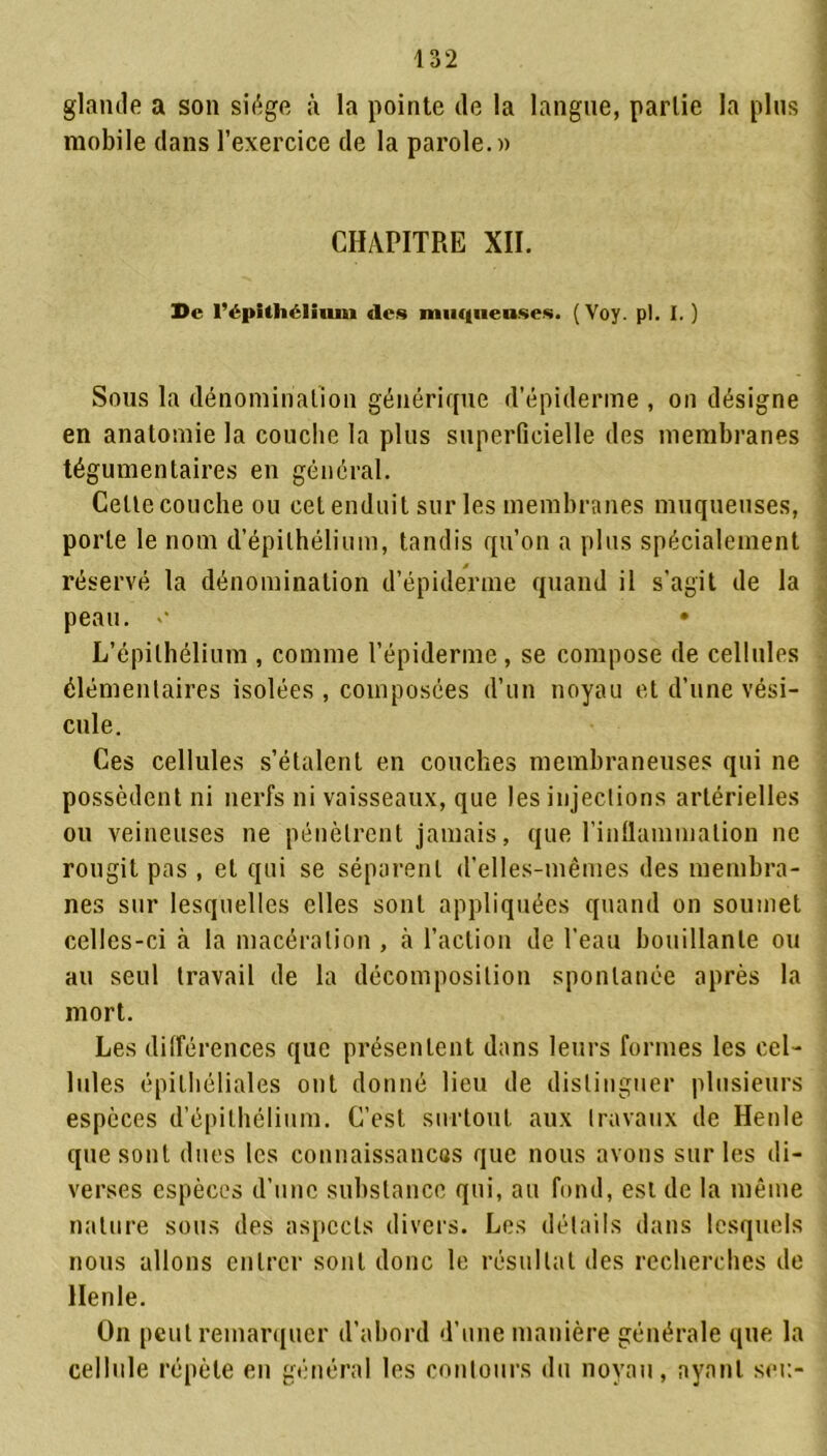 glande a son siège à la pointe de la langue, partie la plus mobile dans l’exercice de la parole.» CHAPITRE XII. De l’épithélium «les muqueuses. (Voy. pl. I. ) Sous la dénomination générique d’épiderme , on désigne en anatomie la couche la plus superficielle des membranes tégumentaires en général. Celle couche ou cet enduit sur les membranes muqueuses, porte le nom d’épithélium, tandis qu’on a plus spécialement réservé la dénomination d’épiderme quand il s'agit de la peau. '• * L’épithélium , comme l’épiderme, se compose de cellules élémentaires isolées , composées d’un noyau et d’une vési- cule. Ces cellules s’étalent en couches membraneuses qui ne possèdent ni nerfs ni vaisseaux, que les injections artérielles ou veineuses ne pénètrent jamais, que l'inflammation ne rougit pas , et qui se séparent d’elles-mêmes des membra- nes sur lesquelles elles sont appliquées quand on soumet celles-ci à la macération , à l’action de l’eau bouillante ou au seul travail de la décomposition spontanée après la mort. Les différences que présentent dans leurs formes les cel- lules épithéliales ont donné lieu de distinguer plusieurs espèces d’épithélium. C’est surtout aux travaux de Henle que sont dues les connaissances que nous avons sur les di- verses espèces d’une substance qui, au fond, est de la même nature sous des aspects divers. Les détails dans lesquels nous allons entrer sont donc le résultat des recherches de llenle. On peut remarquer d’abord d’une manière générale que la cellule répète en général les contours «lu noyau, ayant set:-