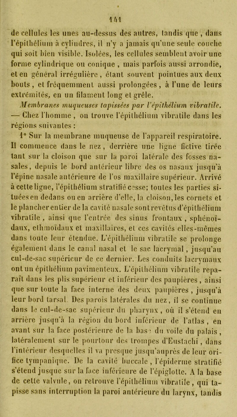 1H de cellules les unes au-dessus (les autres, tandis que , dans l'épithélium à cylindres, il n’y a jamais qu’une seule couche qui soit bien visible. Isolées, les cellules semblent avoir une forme cylindrique ou conique , mais parfois aussi arrondie, et en général irrégulière, étant souvent pointues aux deux bouts, et fréquemment aussi prolongées, à l’une de leurs extrémités, en un filament long et grêle. Membranes muqueuses tapissées par l’épithélium vibratilc. — Chez l'homme , on trouve l’épithélium vibralile dans les régions suivantes : 1° Sur la membrane muqueuse de l’appareil respiratoire. Il commence dans le nez, derrière une ligne fictive tirée tant sur la cloison que sur la paroi latérale des fosses na- sales, depuis le bord antérieur libre des os nasaux jusqu’à l’épine nasale antérieure de l’os maxillaire supérieur. Arrivé à celle ligne, l’épithélium stratifié cesse; toutes les parties si- tuées en dedans ou en arrière d’elle, la cloison, les cornets et le plancher entier de la cavité nasale sont revêtus d’épithélium vibralile, ainsi que l’entrée des sinus frontaux , sphénoï- daux, elhmoïdaux et maxillaires, et ces cavités elles-mêmes dans toute leur étendue. L’épithélium vibralile se prolonge également dans le canal nasal et le sac lacrymal, jusqu’au cul-de-sac supérieur de ce dernier. Les conduits lacrymaux ont un épithélium pavimenleux. L’épithélium vibralile repa- raît dans les plis supérieur et inférieur des paupières , ainsi que sur toute la face interne des deux paupières , jusqu’à leur bord ta rsa l. Des parois latérales du nez, il se continue dans le cul-de-sac supérieur du pharynx, où il s’étend en arrière jusqu’à la région du bord inférieur de l’atlas , en avant sur la face postérieure de la base du voile du palais , latéralement sur le pourtour des trompes d’Eustachi, dans l’intérieur desquelles il va presque jusqu’auprès de leur ori- fice lympanique. I)e la cavité buccale , l’épiderme stratifié s’étend jusque sur la face inférieure de l’épiglotte. A la base de cette valvule, on retrouve l’épithélium vibralile, qui ta- pisse sans interruption la paroi antérieure du larynx, tandis