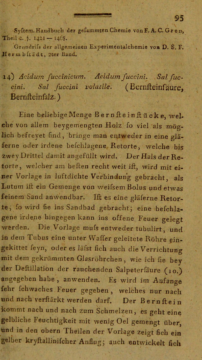 Syftem. Handbuch der gefammten Chemie von F. A. C. G r e u, Theil^. 1421— 1468. Grnndrifs der allgemeiuen Experiment^lchemie vo» D. S, F. Hermbfcädt, 2ter Band. 14) Acidum fuccinicum. Acidum fuccini. Sal fuc^ cini. Sal fuocini volaäk. (Bemfteinfäure, BernfteinfaJz.) Eine beliebige Menge Bernlteinßücke, wel- che von allem beygemengten HqIz fo viel als mög- lich befreyet find, bringe man er^tweder in eine glä- ferne oder irdene befchlagene. R.etorte, welche bis zwey Drittel damit angefüllt wird. Der Hals der Re- torte, welcher am beiten recht weit ilt, wird mit ei- ' ner Vorlage in luftdichte Verbindung gebracht, als Lutum ilt ein Gemenge von weifsem Bolus und etwas feinem Sand anvv'endbar. Ilt es eine gl'äferne Retor- te, fo wird fie ins Sandbad gebracht ; eine befchla- gene irdepe hingegen kann ins offene Feuer gelegt werden. Die Vorlage mufs entweder tubulirt, und in dem Tubus eine unter Waffer geleitete Röhre gin- gekittet feyn, oder es läfst fich auch die Verrichtuncr O mit dem gekrümmten Glasröhrchen, wie ich lie bey der DeftiJlation der rauchenden Salpeterfäure (10.) angegeben habe , anwenden. Es wird im Anfänge fehr fchwaches Feuer gegeben , welches nur nach und nach verftärkt werden darf. Der ß e rn ft e i n kommt nach und nach zum Schmelzen, es geht eine gelbliche Feuchtigkeit mit wenig Oel gemengt über, und in den obern Theilen der Vorlage zeigt fich ein gelber kryftallinifcher Anflug; auch entwickelt fich