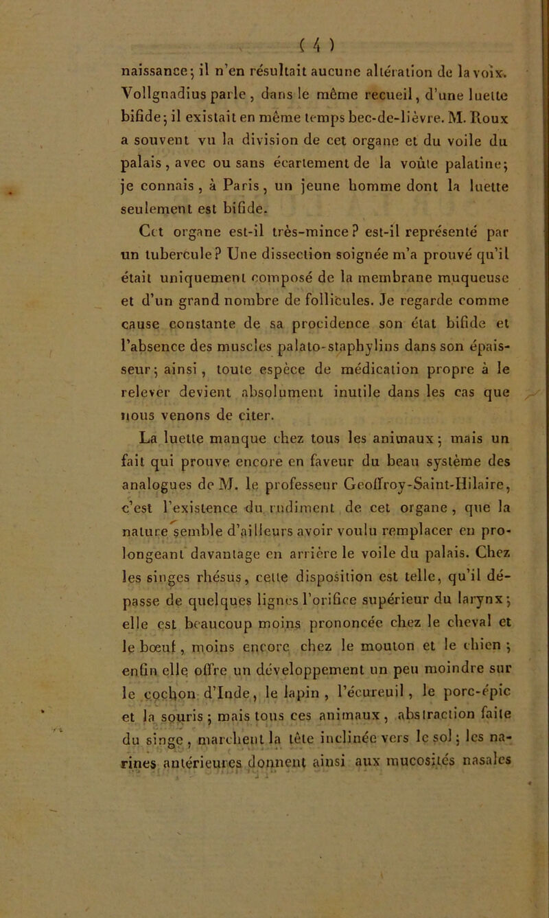 naissance*, il n’en résultait aucune altération de la voix. Vollgnadius parle , dans le môme recueil, d’une luette bifide^ il existait en même temps bec-de-lièvre. M. Pioux a souvent vu la division de cet organe et du voile du palais, avec ou sans écartement de la voûte palatine j je connais , à Paris, un jeune homme dont la luette seulement est bifide. Cet organe est-il très-mince ? est-il représenté par tin tubercule? Une dissection soignée m’a prouvé qu’il était uniquement composé de la membrane muqueuse et d’un grand nombre de follicules. Je regarde comme cause constante de sa procidence son état bifide et l’absence des muscles palaio-staphylius dans son épais- seur; ainsi, toute espèce de médication propre à le relever devient absolument inutile dans les cas que nous venons de citer. La luette manque chez tous les animaux ; mais un fait qui prouve encore en faveur du beau système des analogues de M. le professeur Geolfroy-Saint-Hilaire, c’est l’existence du rudiment de cet organe , que la nature semble d’ailleurs avoir voulu remplacer eu pro- longeant* davantage en arrière le voile du palais. Chez les singes rhésus, cette disposition est telle, qu’il dé- passe de quelques lignes l’orifice supérieur du larynx; elle est beaucoup moins prononcée chez le cheval et le boeuf, moins encore chez le mouton et le chien ; enfin elle offre un développement un peu moindre sur le CQcbon: d’Inde, le lapin , l’écureuil, le porc-épic et 1a souris ; mais tons ces animaux , abstraction faite du singe, marchent la tète inclinée vers le sol ; les na- rines antérieures donnent ainsi aux mucosités nasales 1J . ‘ ’ J i ’ *