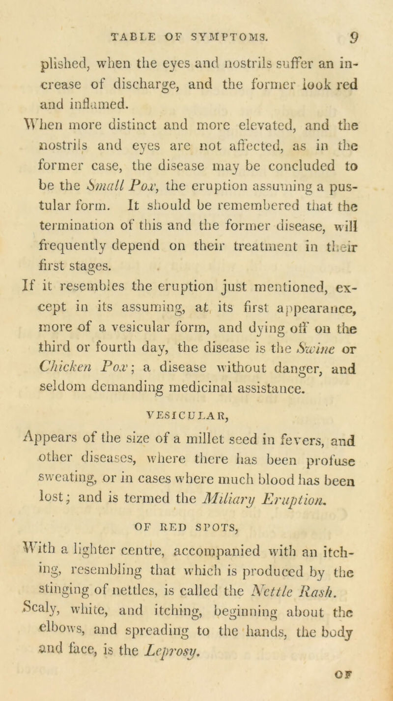 plished, when the eyes and nostrils suffer an in- crease of discharge, and the former iook red and inflamed. When more distinct and more elevated, and the nostrils and eyes are not affected, as in the former case, the disease may be concluded to be the Small Pox, the eruption assuming a pus- tular form. It should be remembered that the termination of this and the former disease, will frequently depend on their treatment in their first stages. If it resembles the eruption just mentioned, ex- cept in its assuming, at its first appearance, more of a vesicular form, and dying off on the third or fourth day, the disease is the Swine or Chicken Pox; a disease without danger, and seldom demanding medicinal assistance. VESICULAR, Appears ot the size of a millet seed in fevers, and other diseases, where there lias been profuse sweating, or in cases where much blood has been lost; and is termed the Miliary Eruption. OF RED SPOTS, •With a lighter centre, accompanied with an itch- ing, resembling that which is produced by the stinging of nettles, is called the Nettle Rash. Scaly, white, and itching, beginning about the elbows, and spreading to the hands, the body and face, is the Leprosy. OF