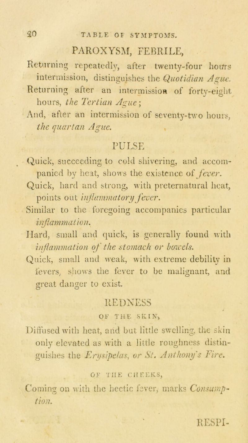 PAROXYSM, FEBRILE, Returning repeatedly, after twenty-four hours intermission, distinguishes the Quotidian Agu-e. Returning after an intermission of forty-eight hours, the Tertian Ague; And, after an intermission of seventy-two hours, the quartan Ague. , PULSE Quick, succeeding to cold shivering, and accom- panied by heat, shows the existence of fever. Quick, hard and strong, with preternatural heat, points out inflammatory fever. Similar to the foregoing accompanies particular inf animat ion. Hard, small and quick, is generally found with inf animation of the stomach or bozcels. Quick, small and weak, with extreme debility in fevers, shows the fever to be malignant, and great danger to exist. o o REDNESS OF THE SKINj, Diffused with heat, arid but little swelling, the skin only elevated as with a little roughness distin- guishes the jErysipelas, or St. Anthony's Fire. OF TIIE CHEEKS, Coming on with the hectic fever, marks Consump- tion. RESPI-