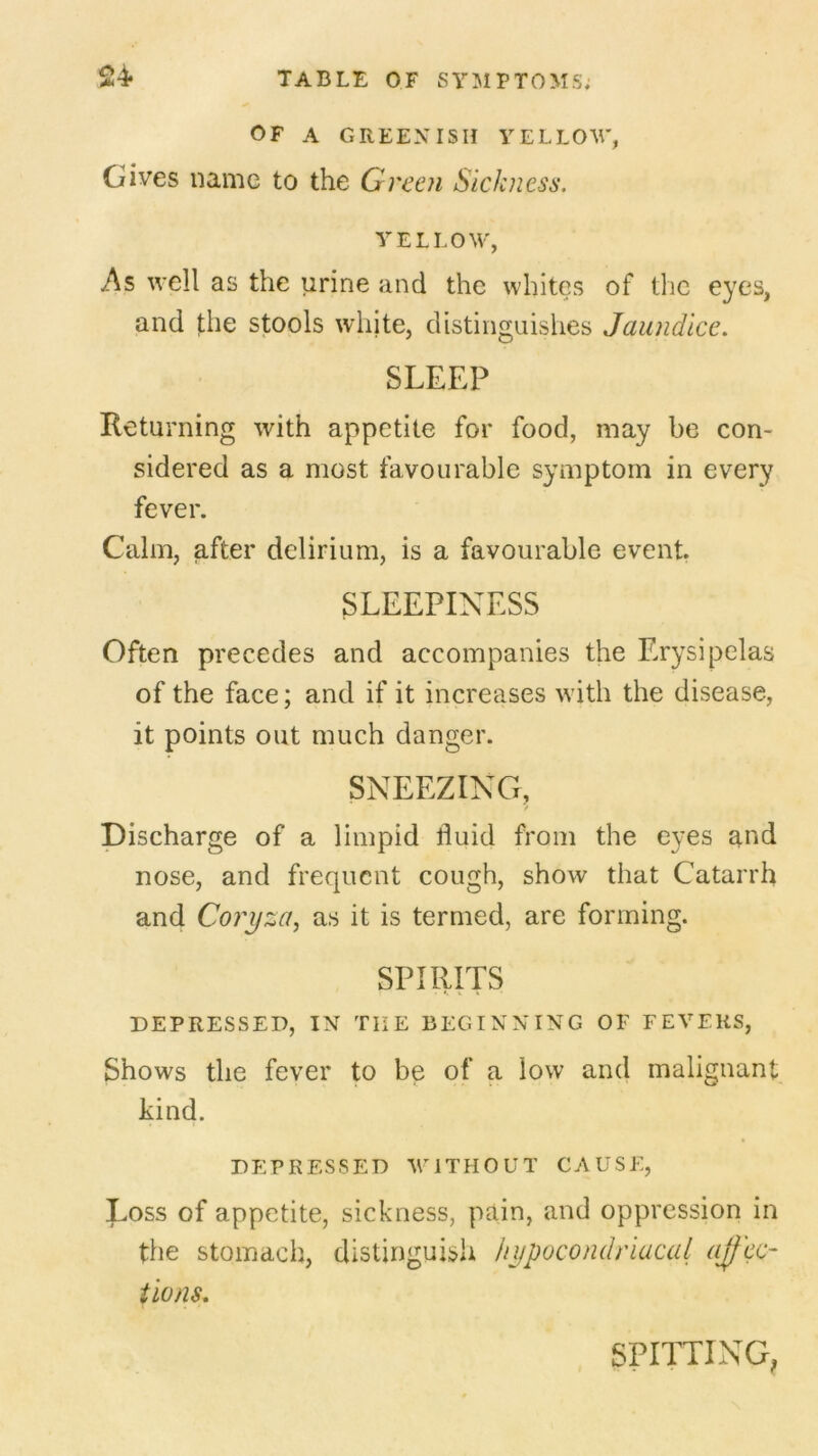 OF A GREENISH YELLOW, Gives name to the Green Sickness. YELLOW, As well as the urine and the whites of the eyes, and the stools white, distinguishes Jaundice. SLEEP Returning with appetite for food, may be con- sidered as a most favourable symptom in every fever. Calm, after delirium, is a favourable event SLEEPINESS Often precedes and accompanies the Erysipelas of the face; and if it increases with the disease, it points out much danger. SNEEZING, Discharge of a limpid fluid from the eyes and nose, and frequent cough, show that Catarrh and Coryza, as it is termed, are forming. SPIRITS DEPRESSED, IN THE BEGINNING OF FEVERS, Shows the fever to be of a low and malignant kind. DEPRESSED WITHOUT CAUSE, Loss of appetite, sickness, pain, and oppression in the stomach, distinguish hypoconclriacal affec- tions* SPITTING,