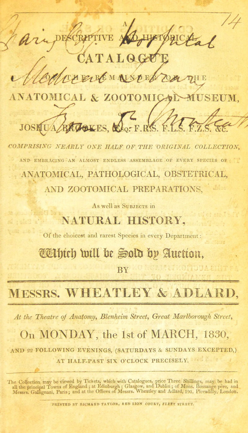 n f ^ (MOTIVE dATAL M ANATOMICAL & ZOOTOMI COMPRISING NEARLY ONE HALF OF THE ORIGINAL COLLECTION, AND EMBRACING AN ALMOST ENDLESS ASSEMBLAGE OF EVERY SPECIES OF ANATOMICAL, PATHOLOGICAL, OBSTETRICAL, AND ZOOTOMICAL PREPARATIONS, As well as Subjects in NATURAL HISTORY, Of the choicest and rarest Species in every Department: WBfyitl) toll ht petti bp Suction, BY MESSRS. WHEATLEY & AD LAUD, At the Theatre of Anatomy, Blenheim Street, Great Marlborough Street, On MONDAY, the 1st of MARCH, 1830, AND 22 FOLLOWING EVENINGS, (SATURDAYS & SUNDAYS EXCEPTED,) AT HALF-PAST SIX O’CLOCK PRECISELY. 0L The Collection may he viewed by 'rickets, which with Catalogues, price Three Shillings, may be had in all the principal Towns of England ; at Edinburgh ; Glasgow, and Dublin; of Mons. Bossange pere, and Messrs. Galfignani, Paris; and at the Offices of Messrs. Wheatley and Adlard, 191, Piccadilly, London. raiNTED EY RICHARD TAYLOR, RED MON COURT, FLEET STREET.